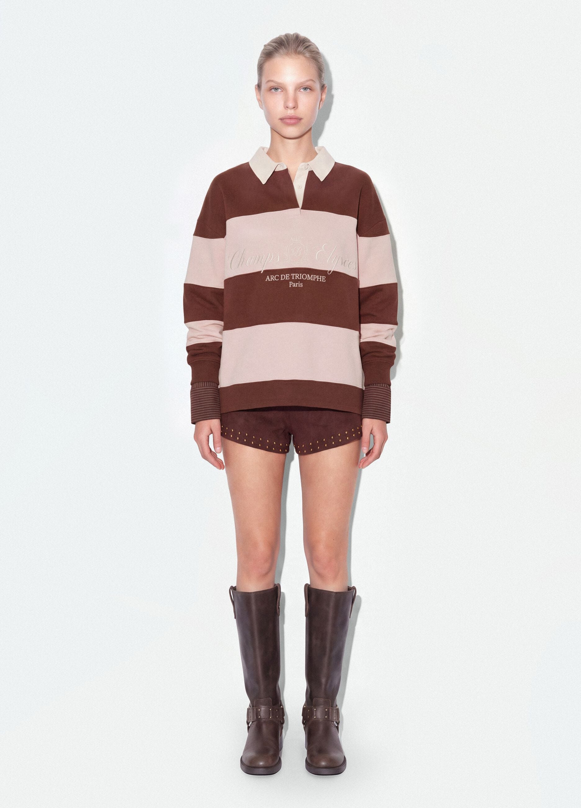 Sweatshirt castanha &agrave;s riscas em mistura de algod&atilde;o com colarinho, corte relaxed