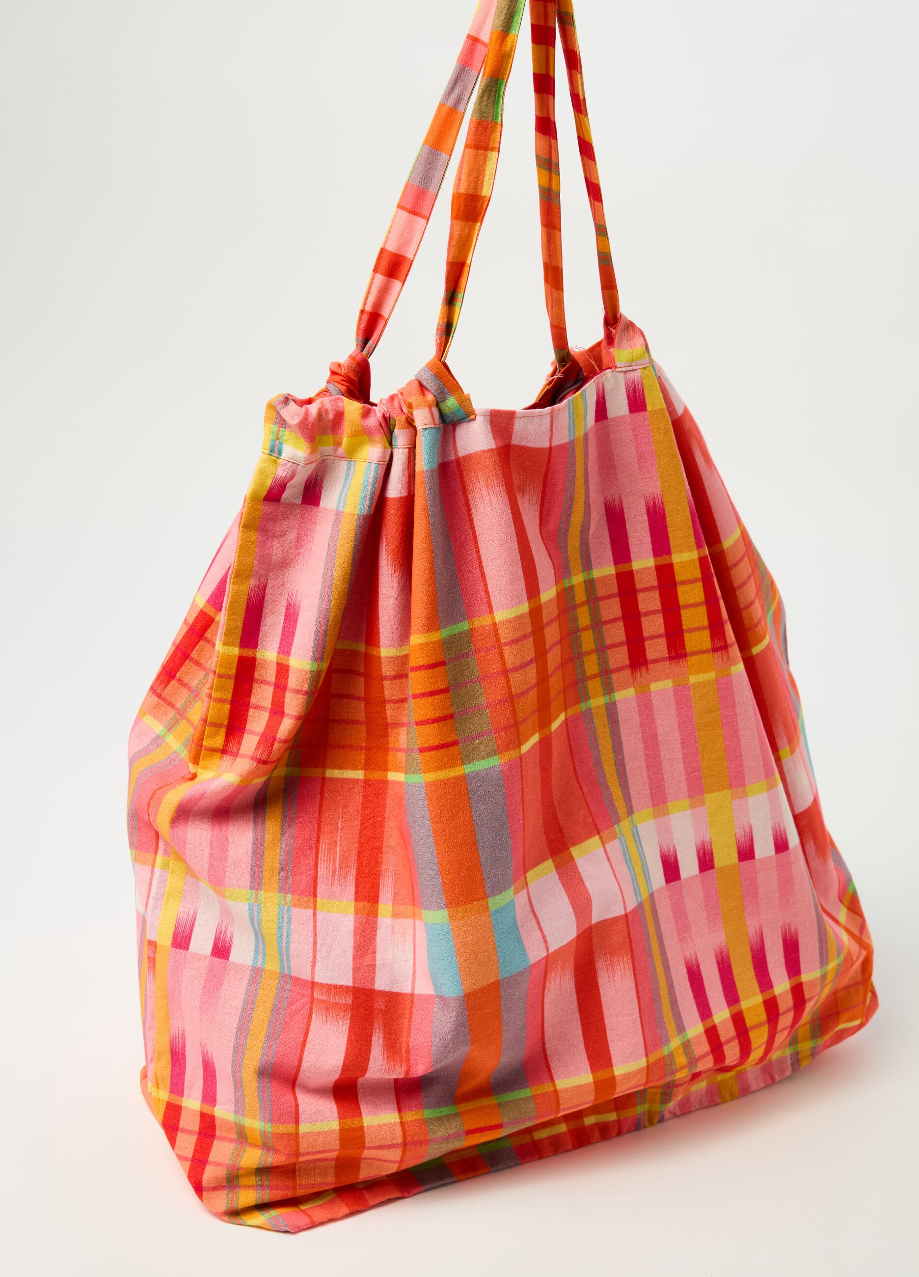 Check and striped shopping bag in cotton