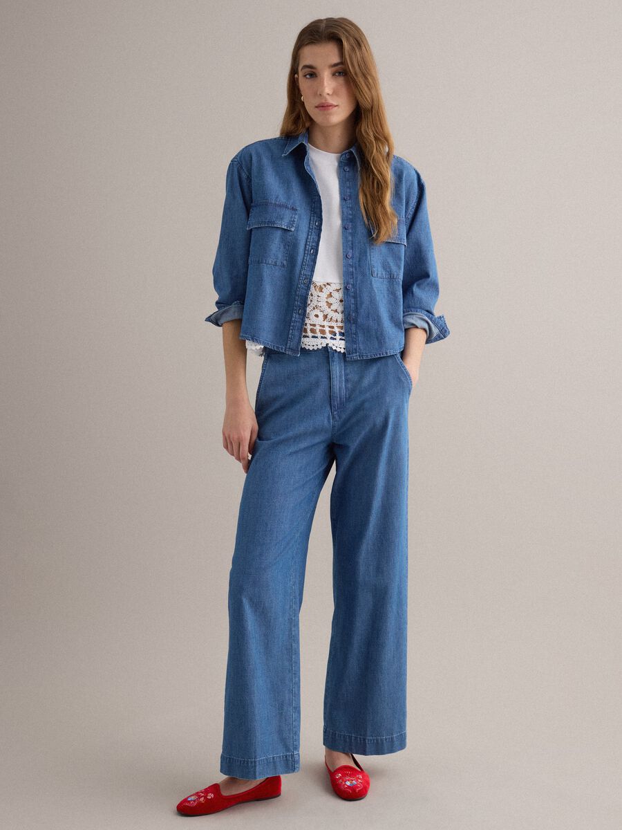 Wide-leg blue cotton trousers_0