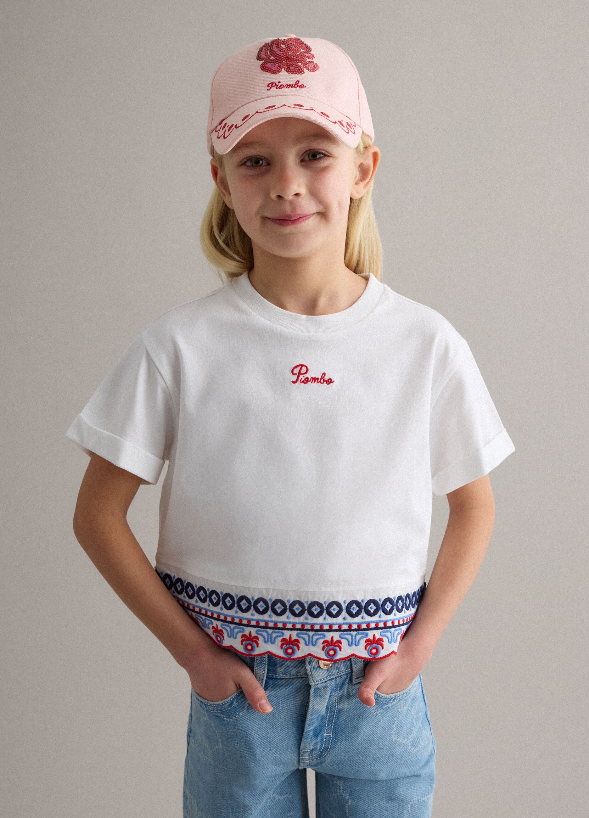 Girls' white pure cotton T-shirt regular fit with embroidery