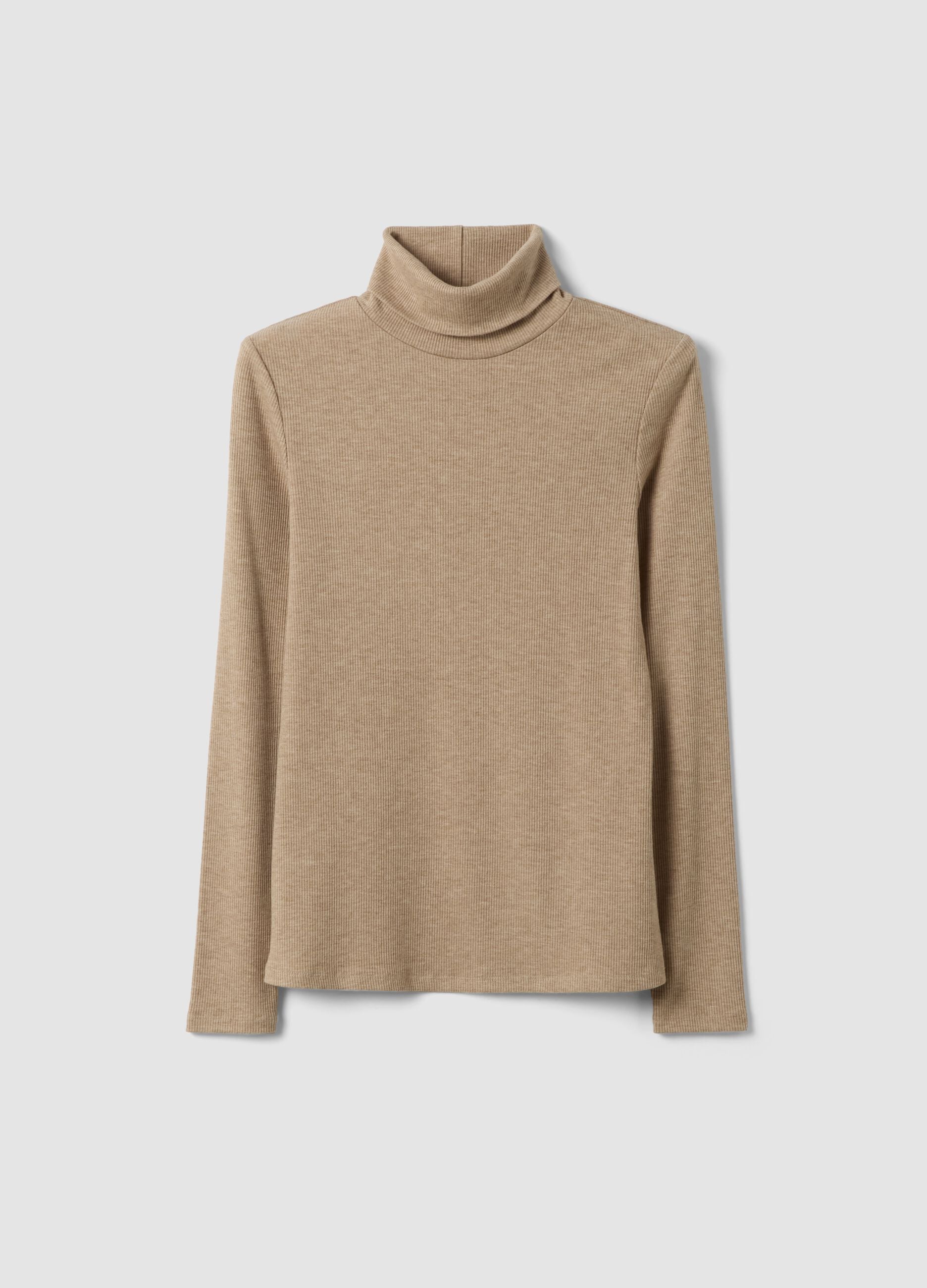 Beiger Pullover aus elastischer Viskose mit Rundhalsausschnitt, Regular Fit
