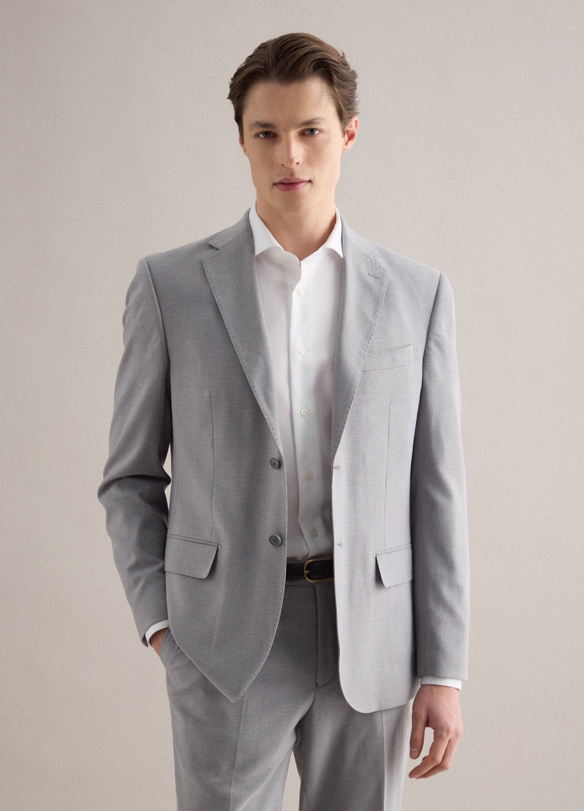 Grey single-breasted blazer with regular fit micro-checks