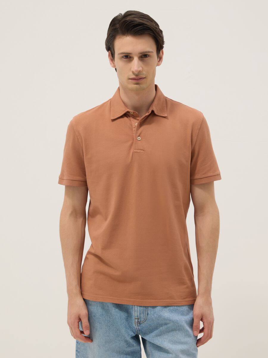 Brown pure cotton slim-fit short-sleeve polo shirt_0