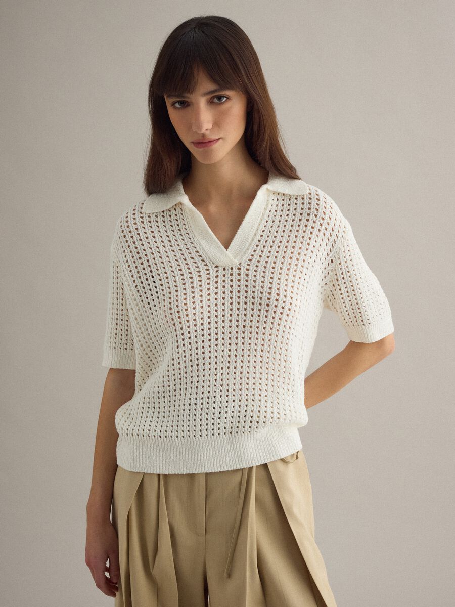 White cotton blend perforated polo collar shirt, regular fit_0