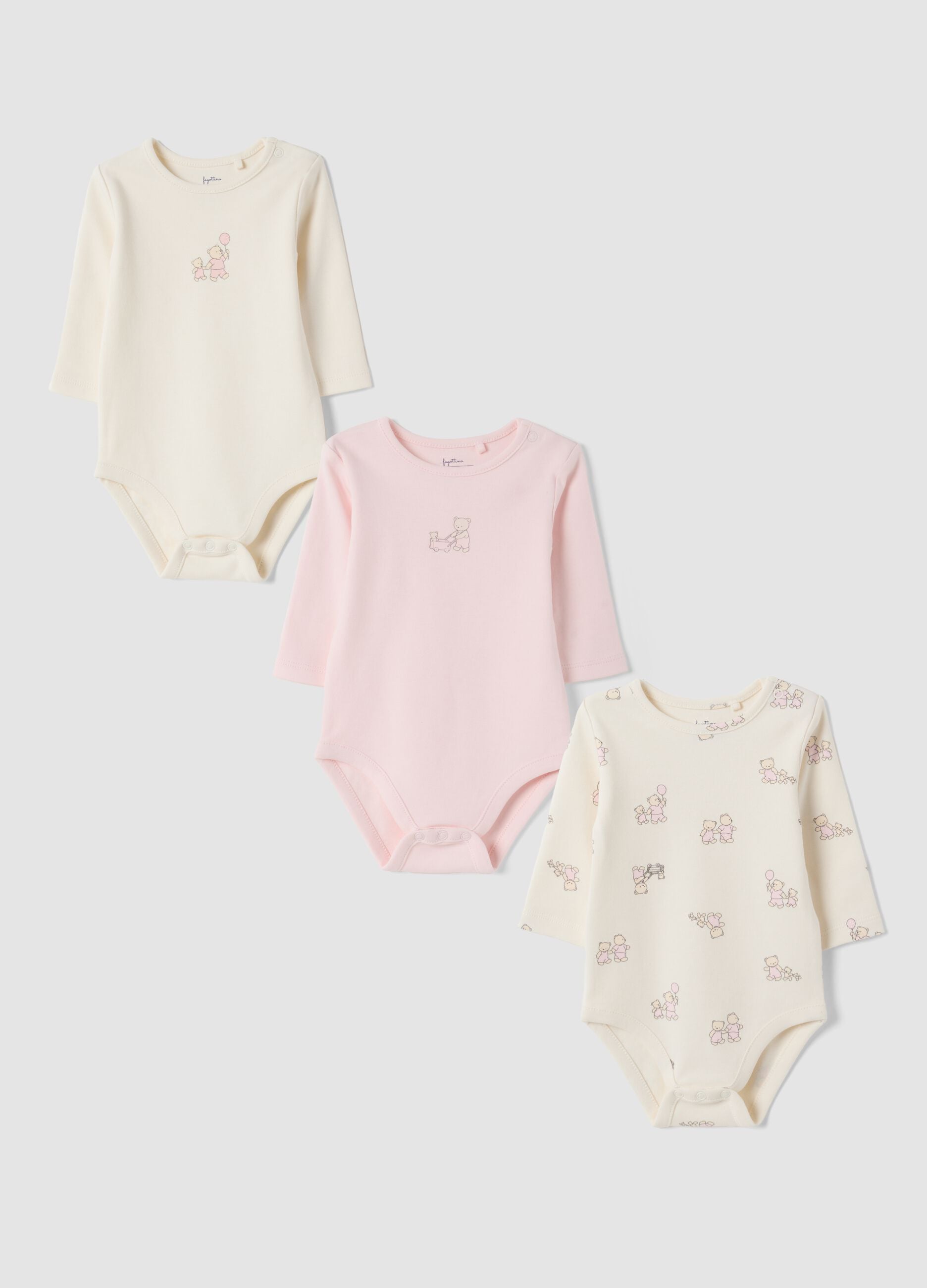 3-pack ivory and light pink organic cotton crew-neck bodysuits