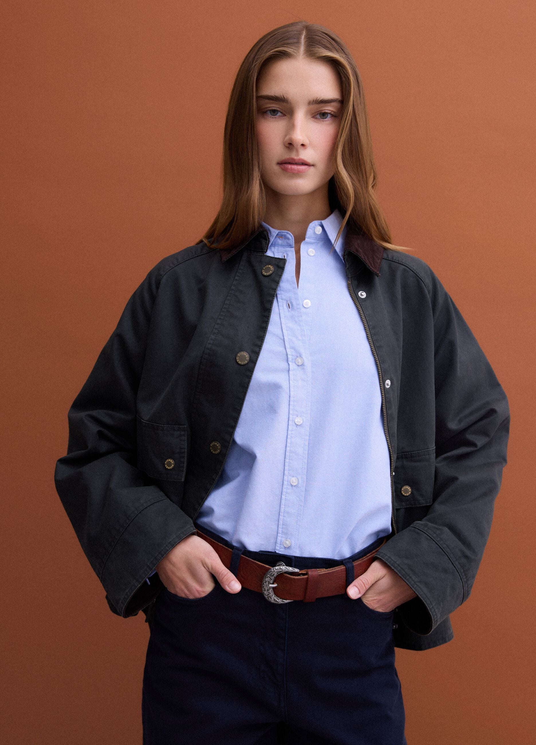 Blue cotton-blend parka with velvet collar