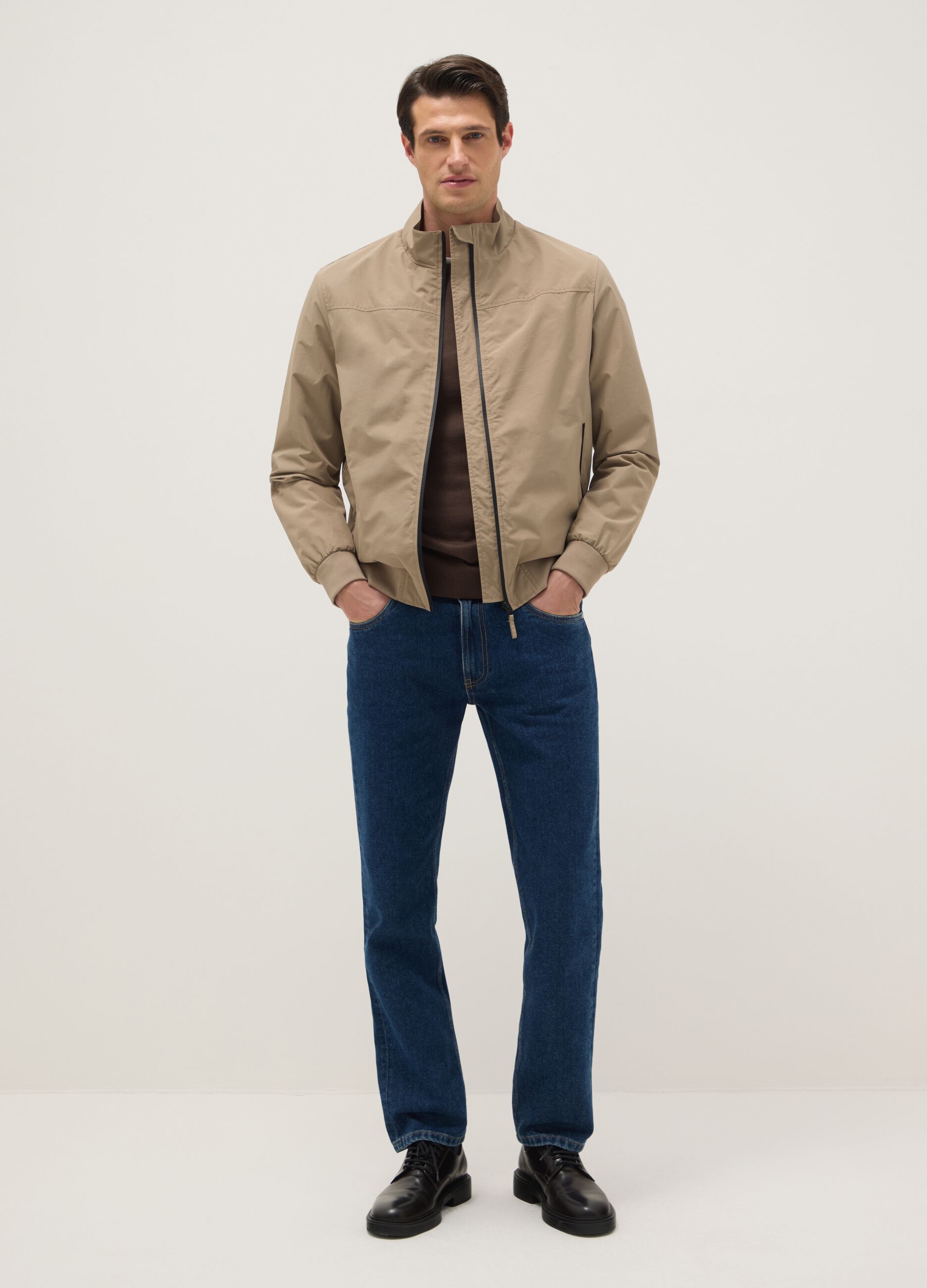 Beige regular fit bomber jacket with zip