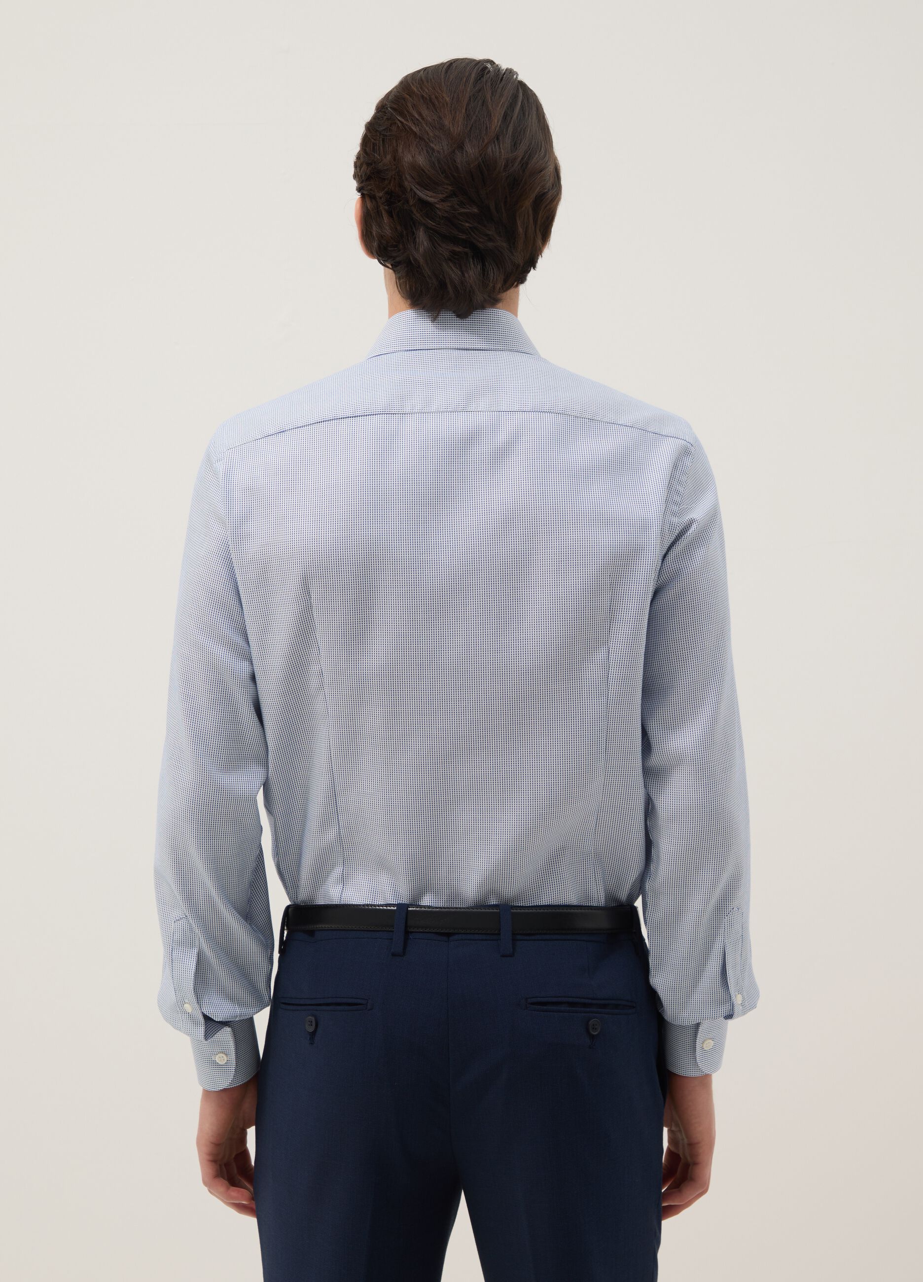 Light blue slim fit cotton shirt with micro-checks