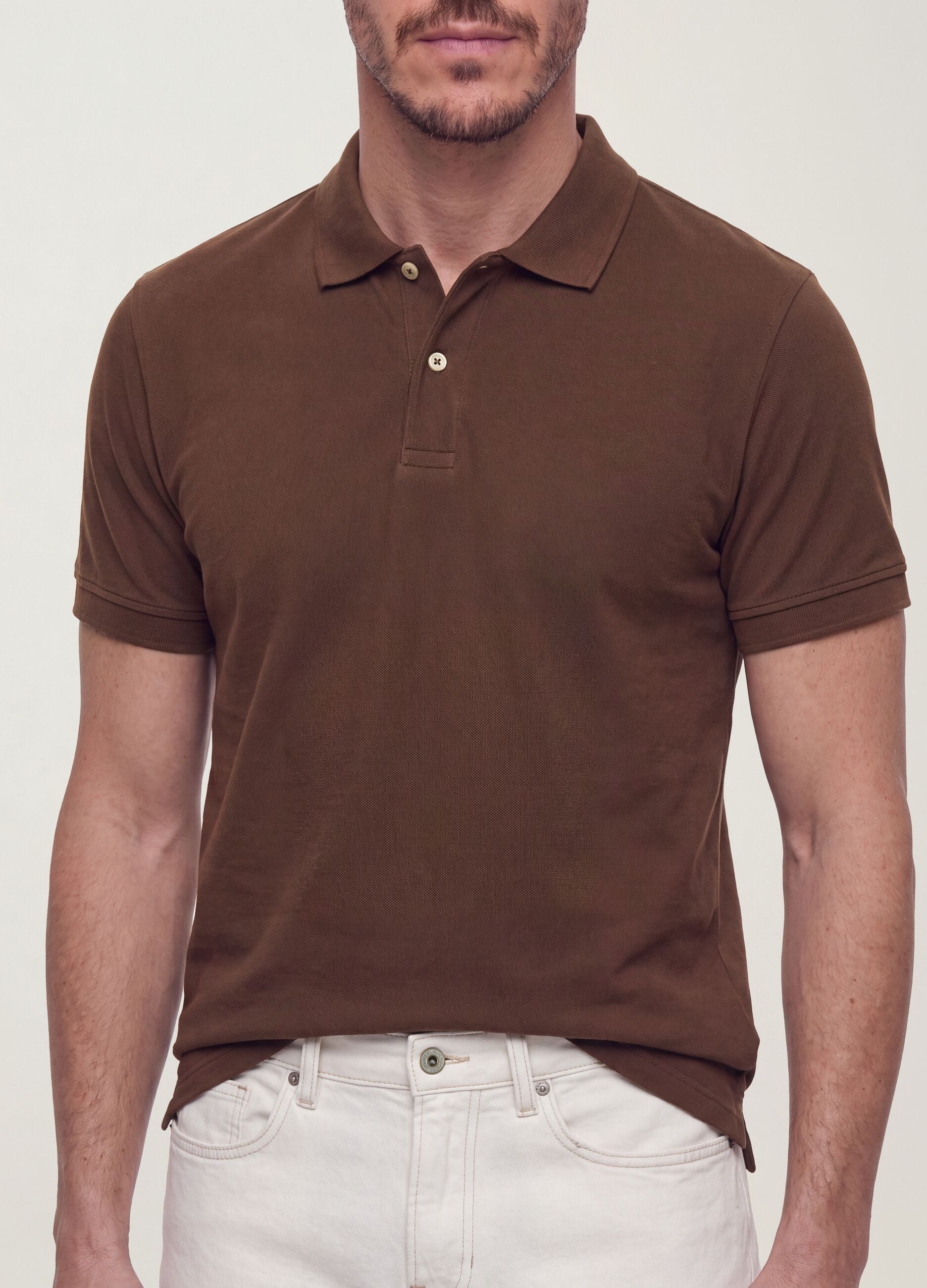 Brown pure cotton piqu&eacute; polo with classic collar, regular fit