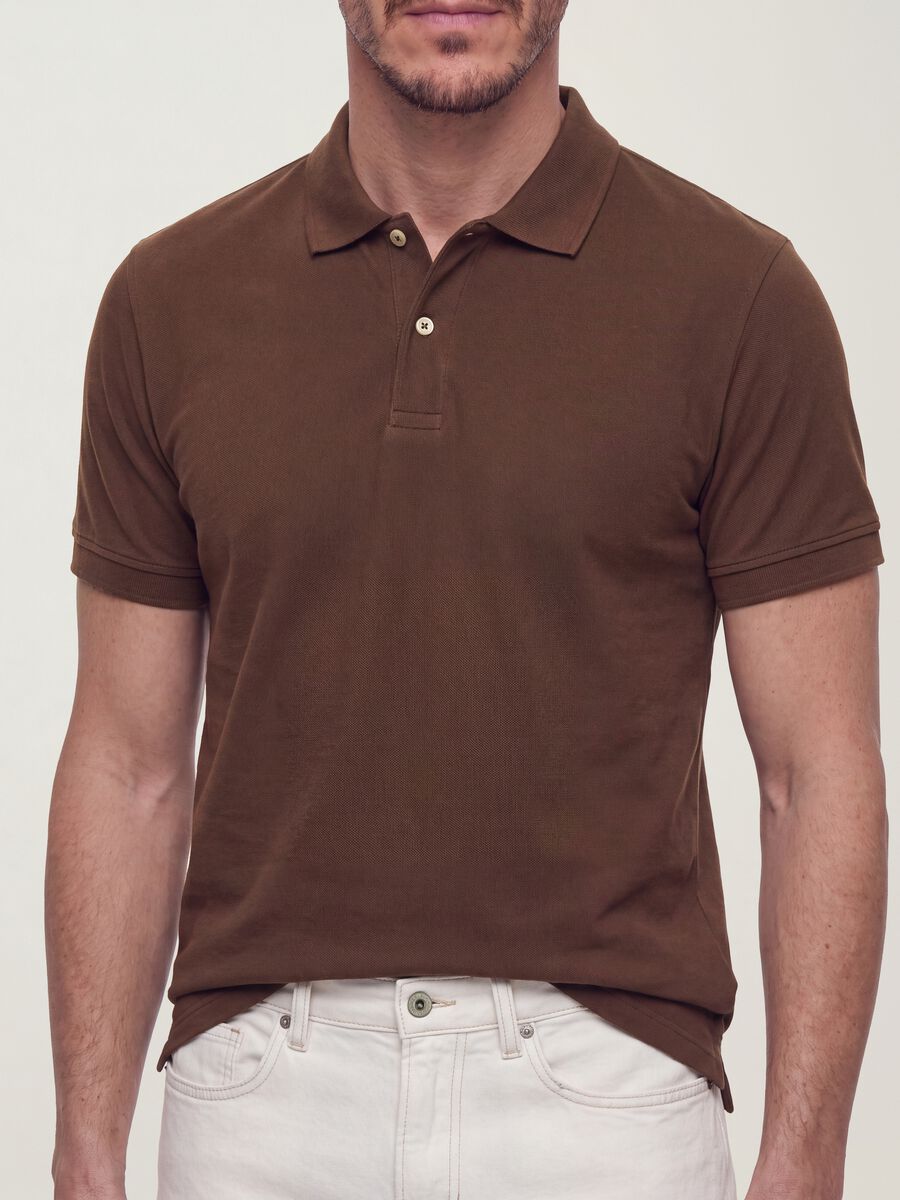 Brown pure cotton piqu&eacute; polo with classic collar, regular fit_1