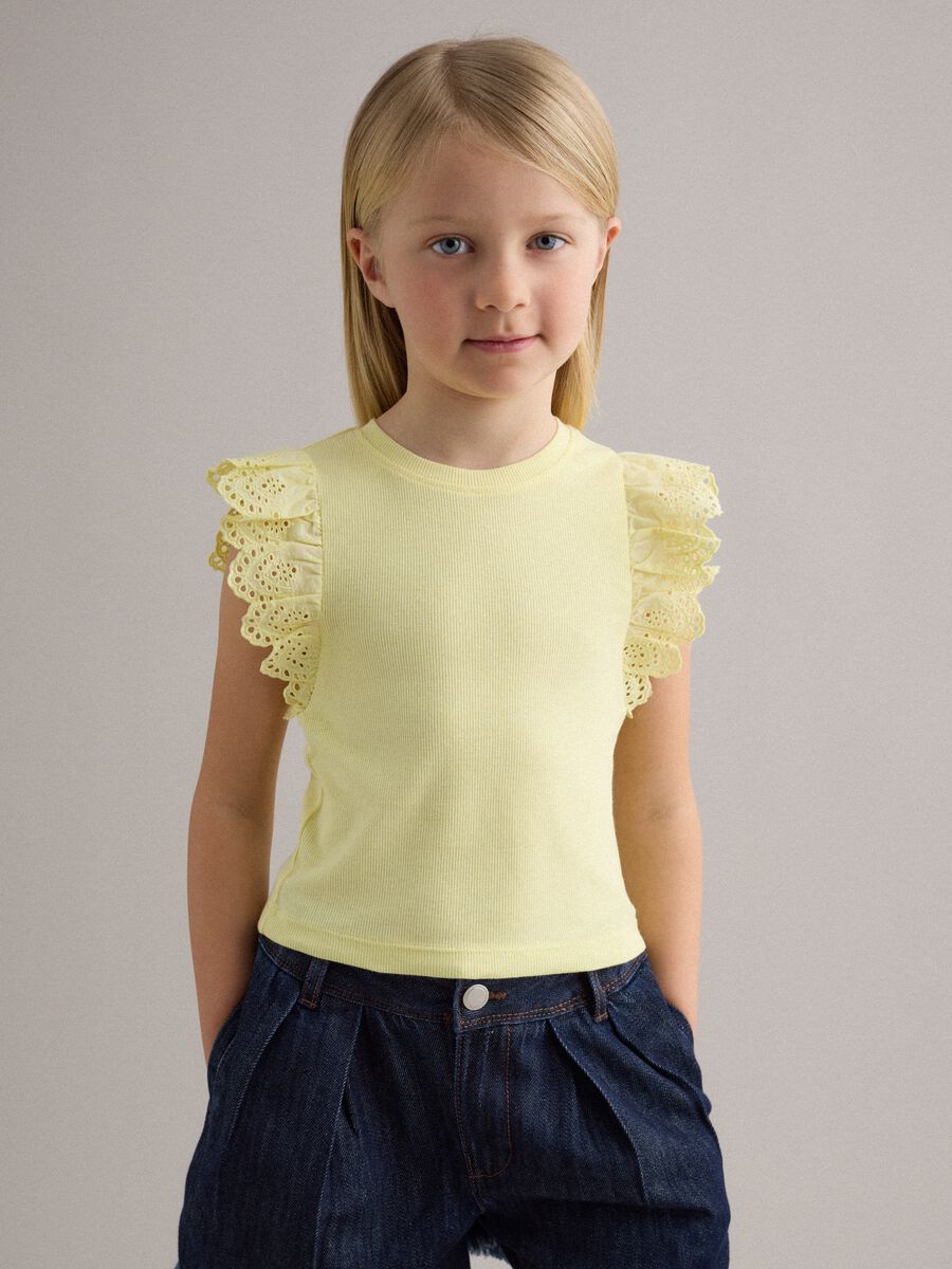 Girls&rsquo; yellow stretch-cotton vest top with ruffles_0