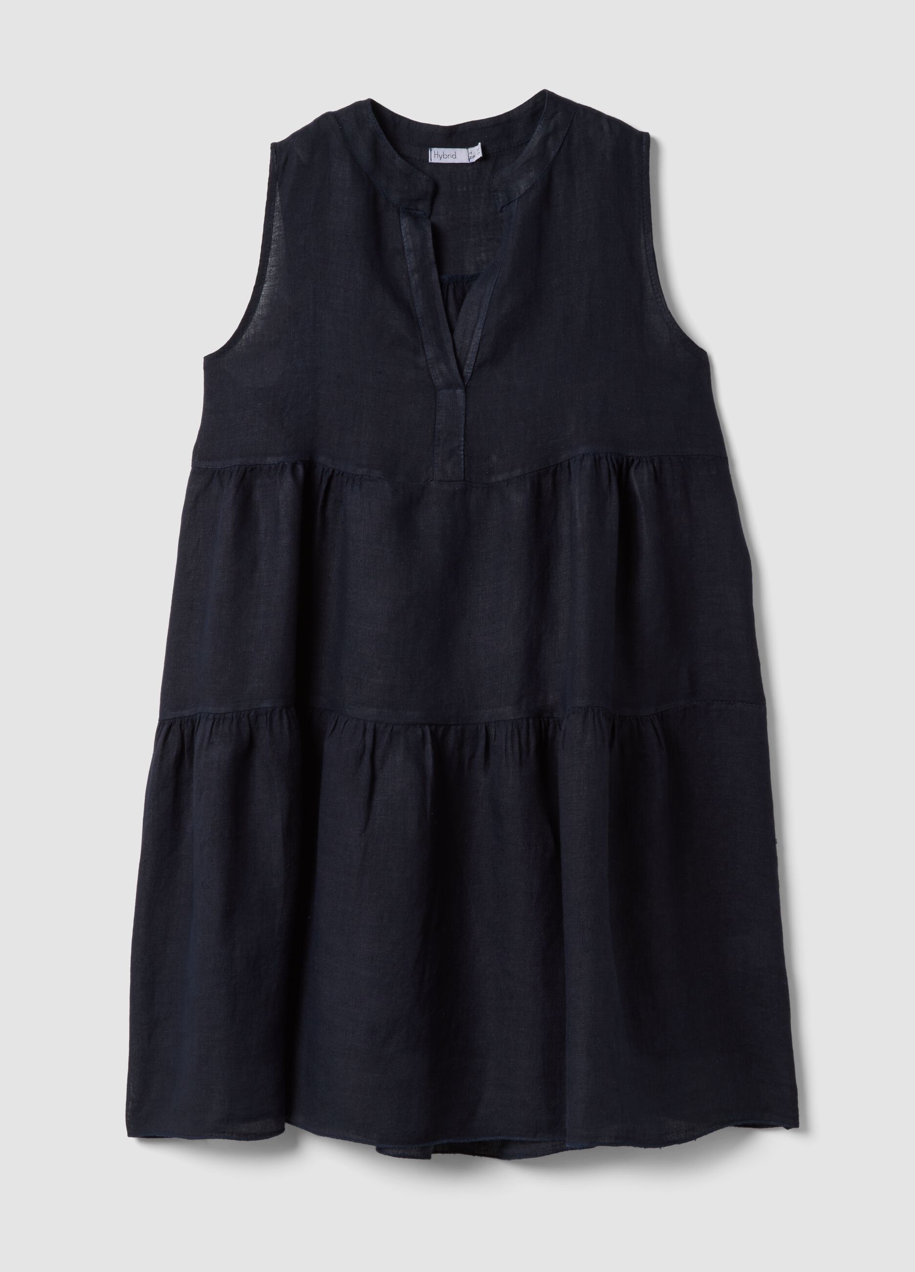 Blue sleeveless pure linen dress, regular fit