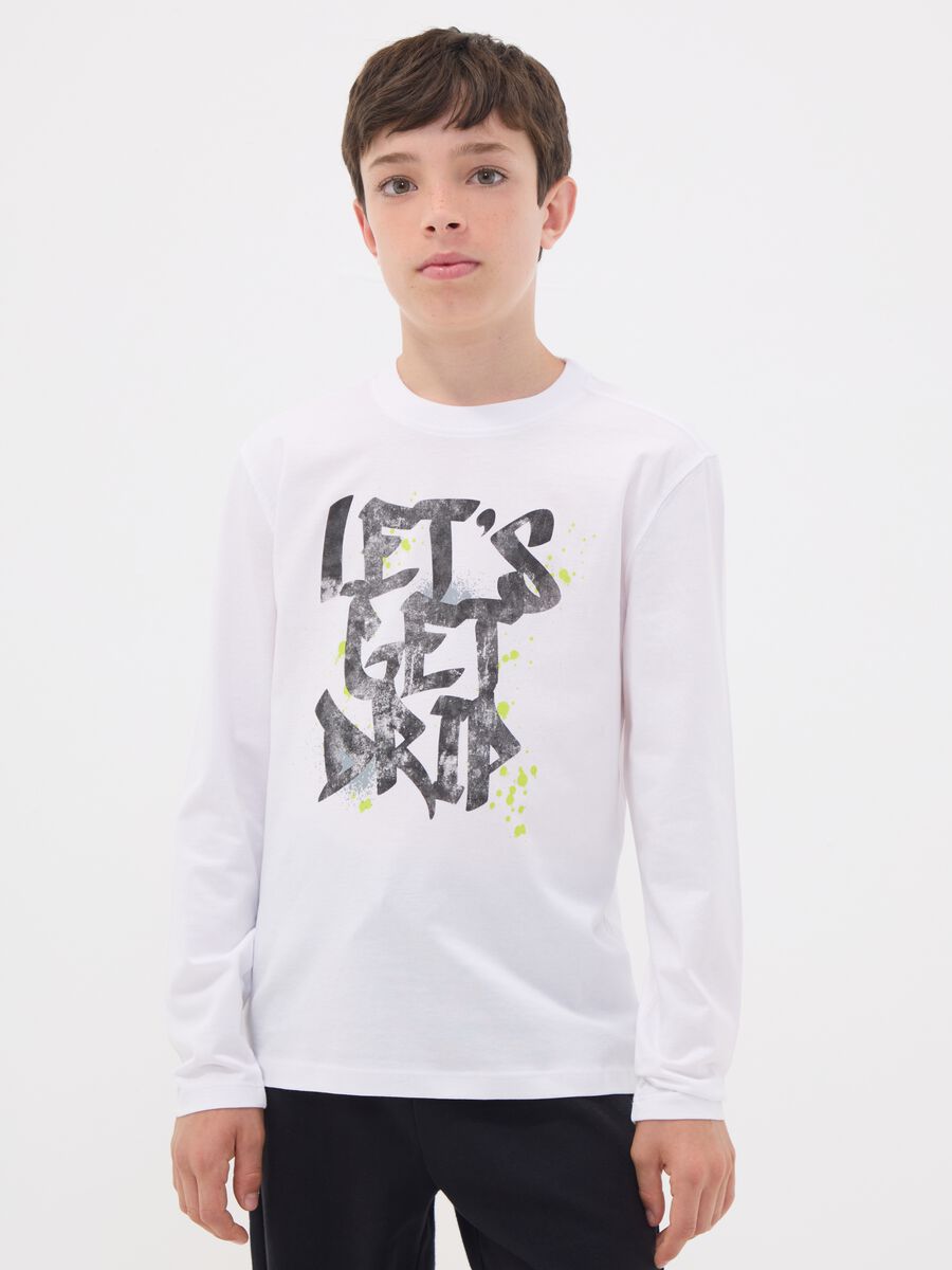 White organic cotton T-shirt with &ldquo;Let&rsquo;s get drip&rdquo; slogan for boys_0