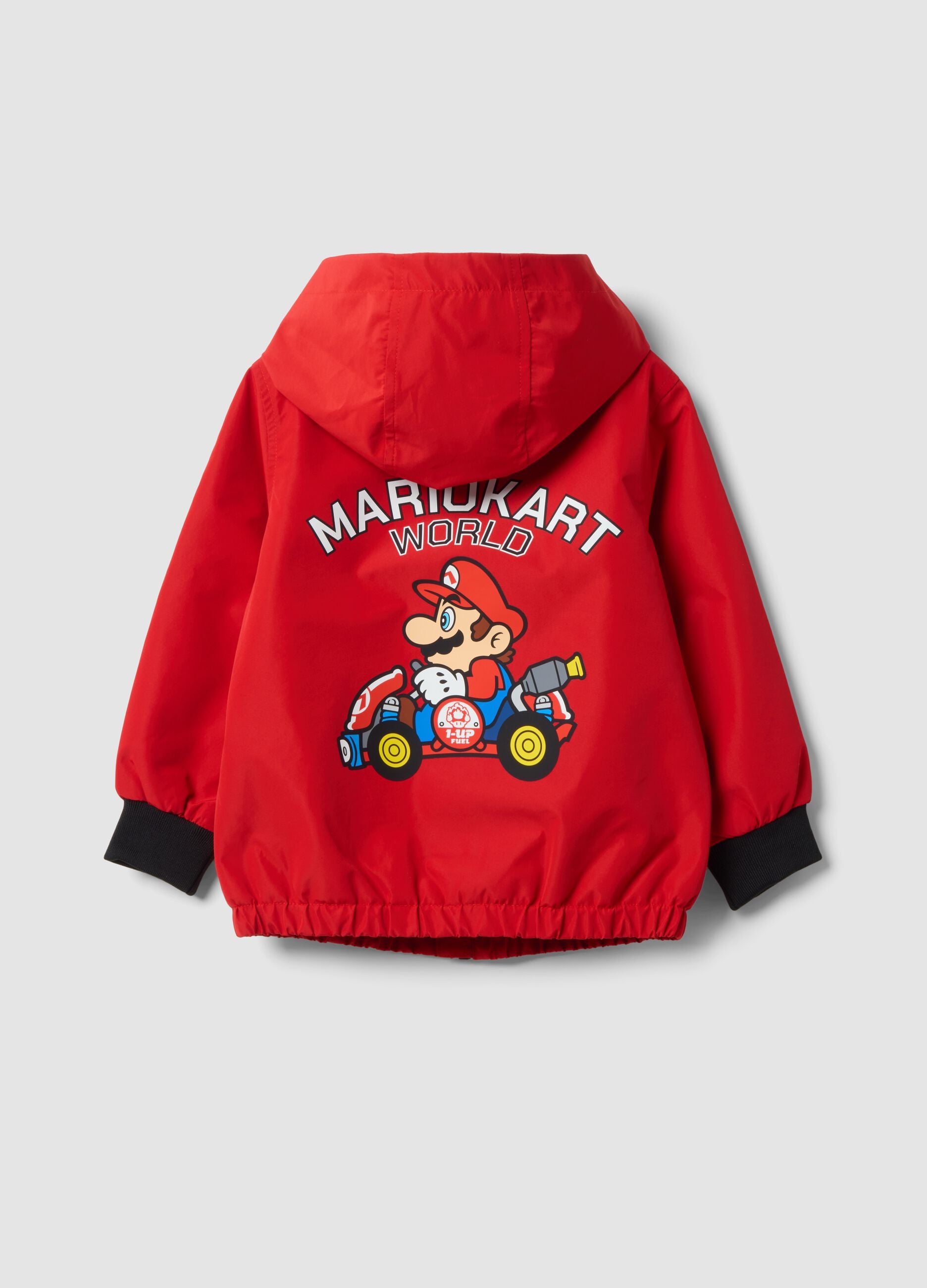 Rote Regenjacke mit Kapuze und Reissverschluss, Mario-Kart-Print