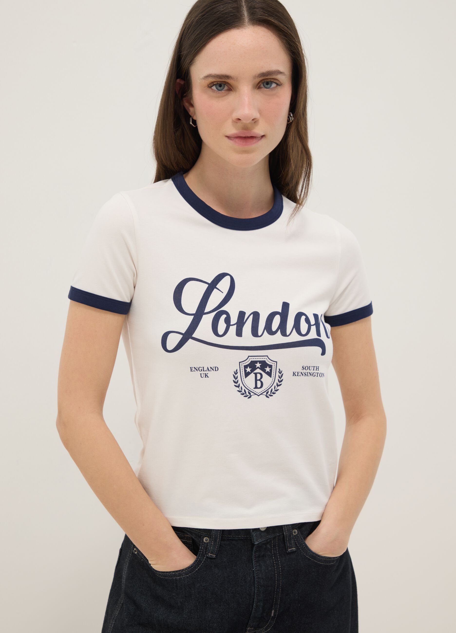 White stretch cotton T-shirt regular fit with blue print