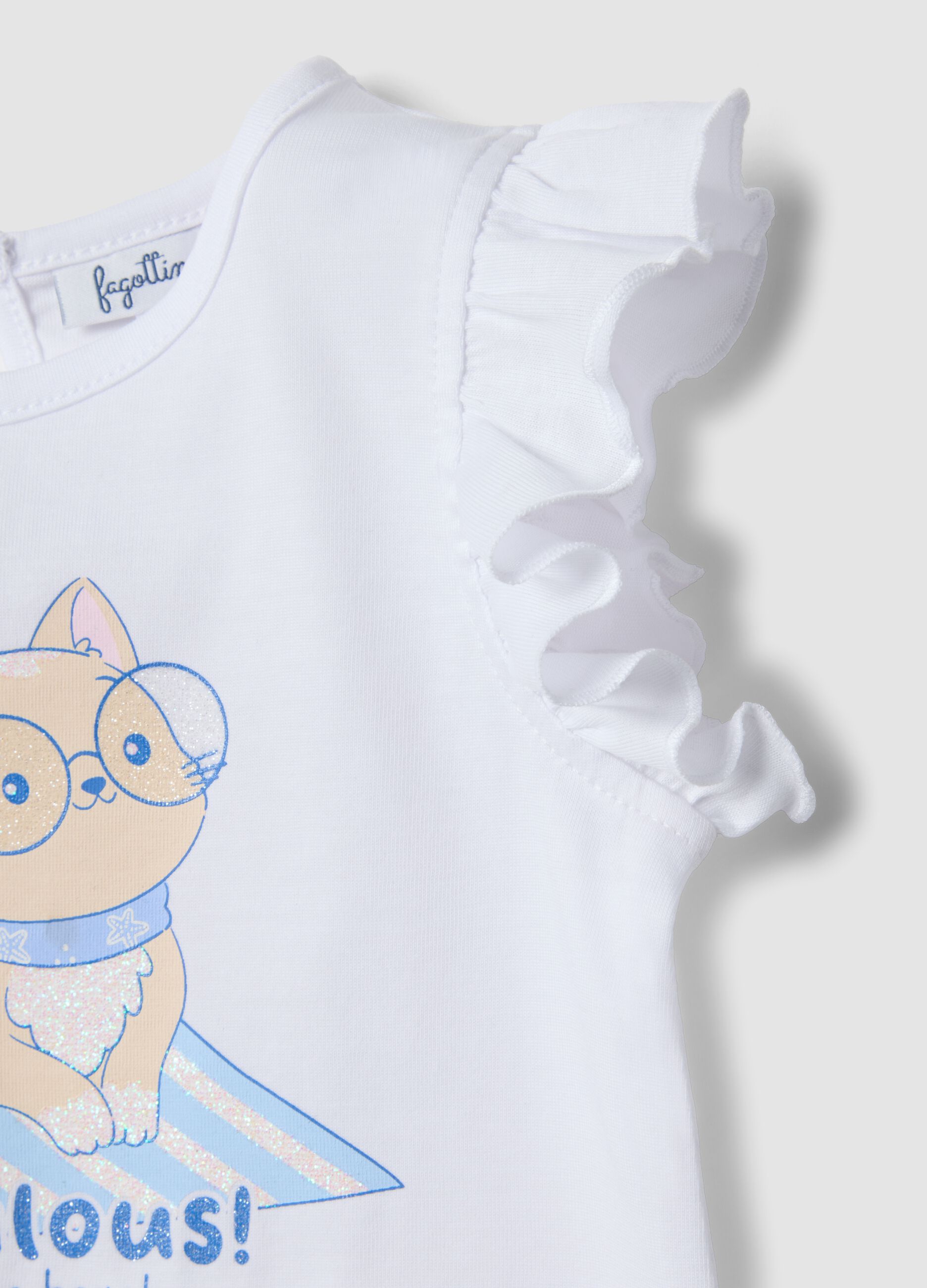 White organic cotton girls&rsquo; tank top with print and frills