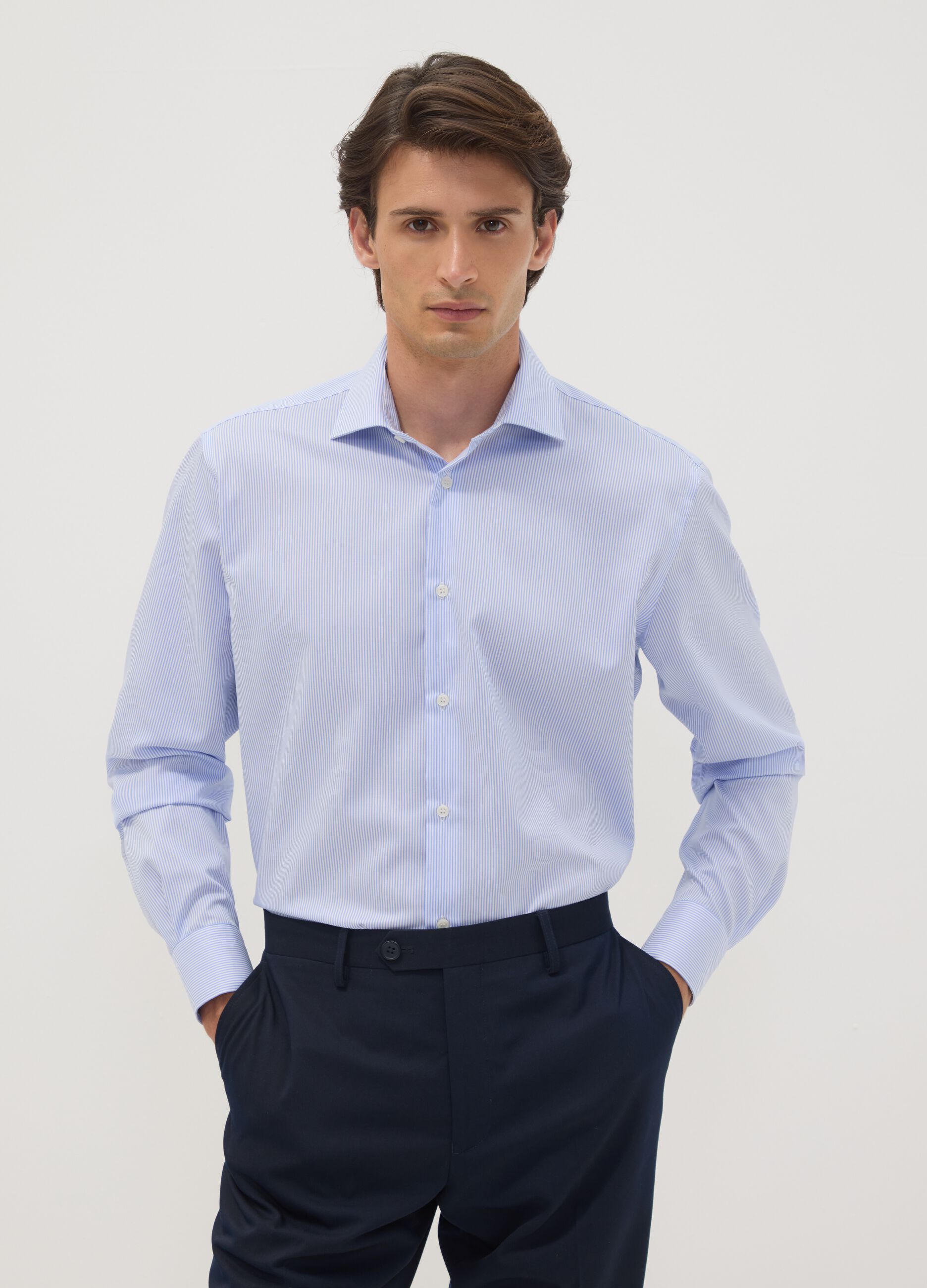 Light blue striped pure cotton shirt with classic collar, regular fit