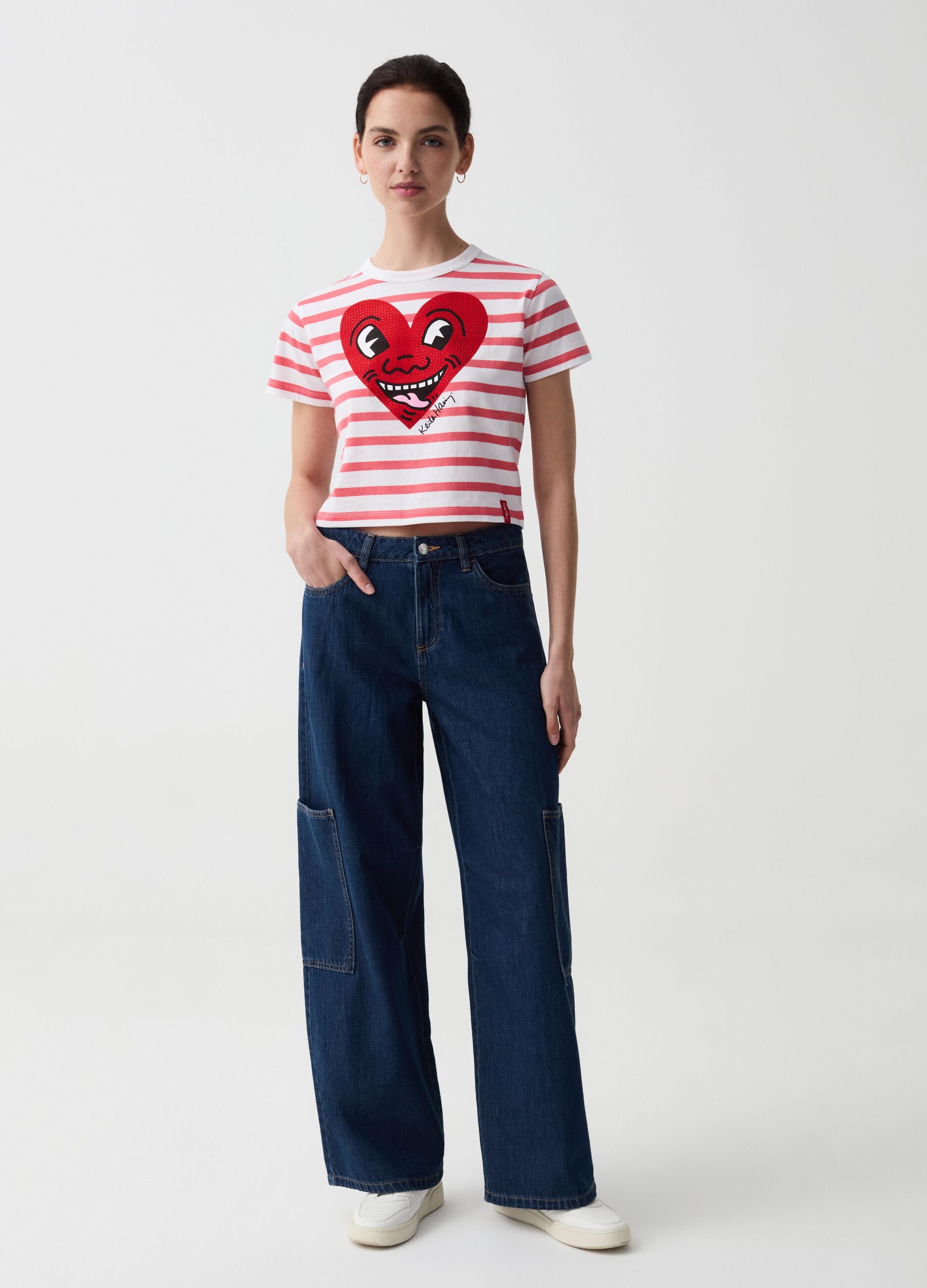 Striped T-shirt with Keith Haring heart print