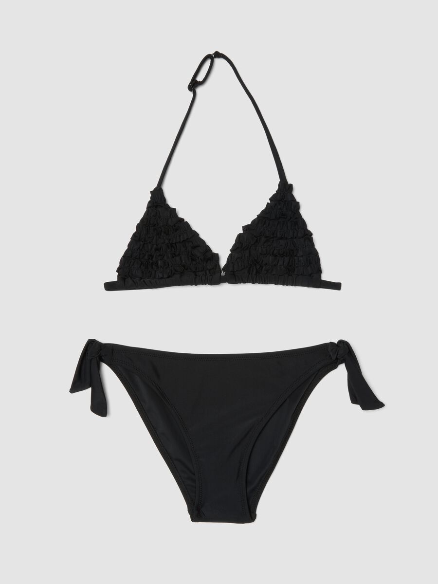 Black triangle bikini in stretch fabric with frills_0