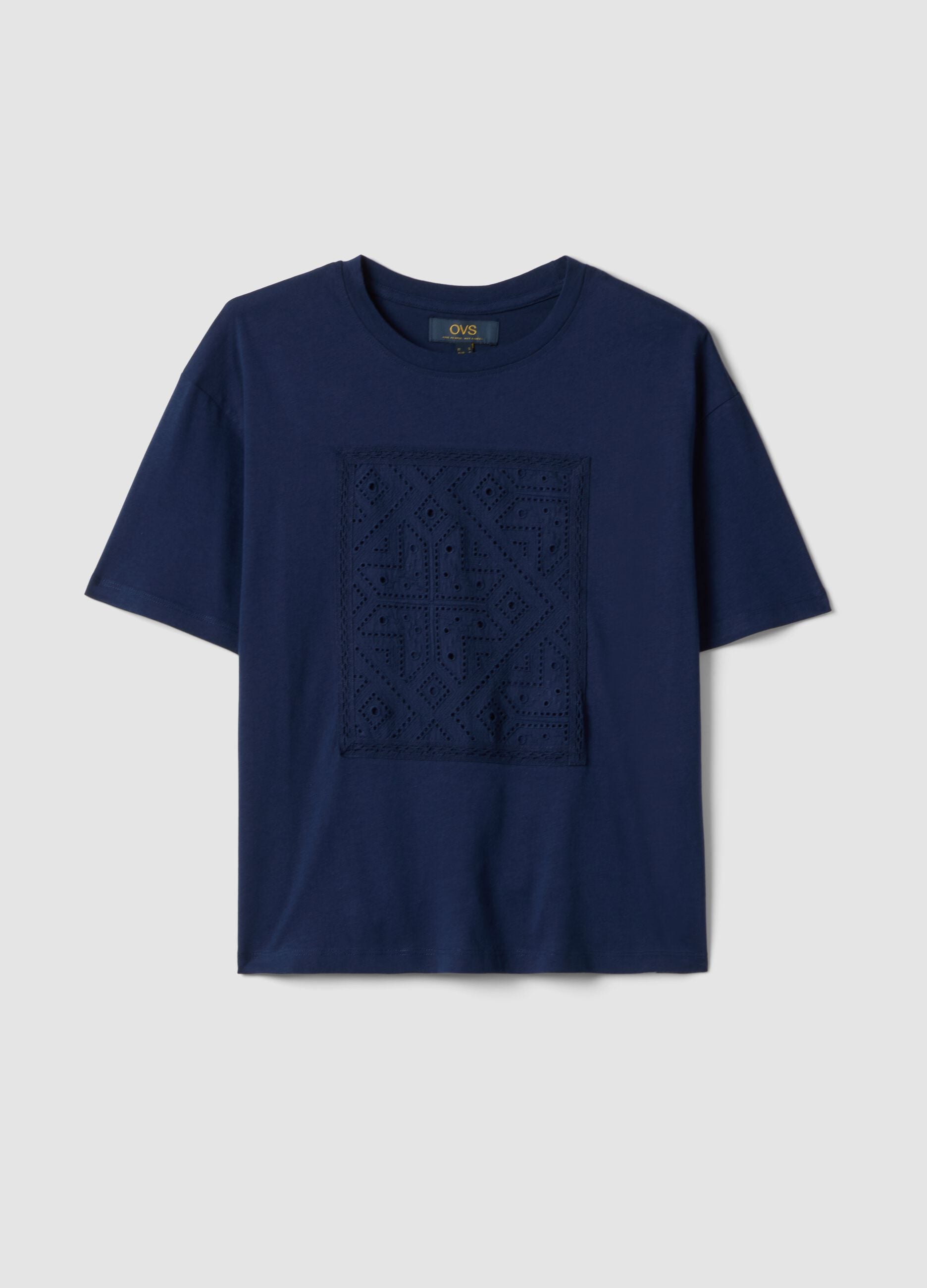 Blaues Regular-Fit T-Shirt aus reiner Baumwolle mit Lochdetail