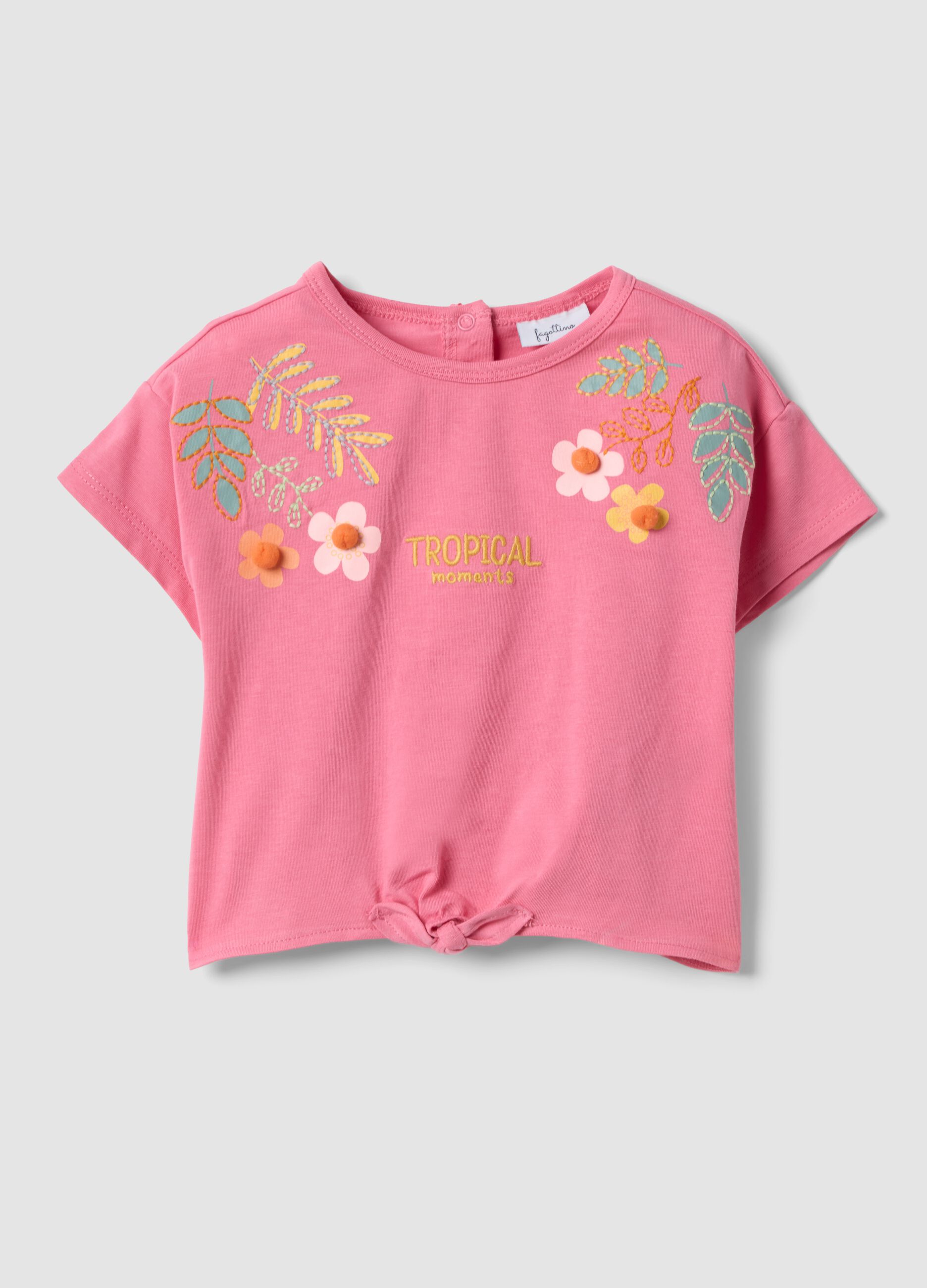 T-shirt rosa de manga curta em algod&atilde;o el&aacute;stico com estampado floral para beb&eacute; menina, corte regular