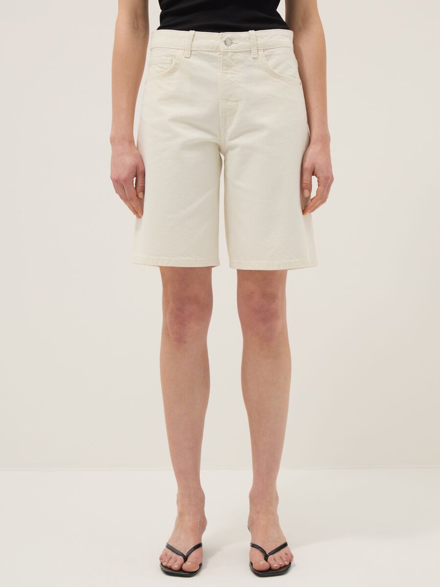Beige wide leg pure cotton denim shorts_1