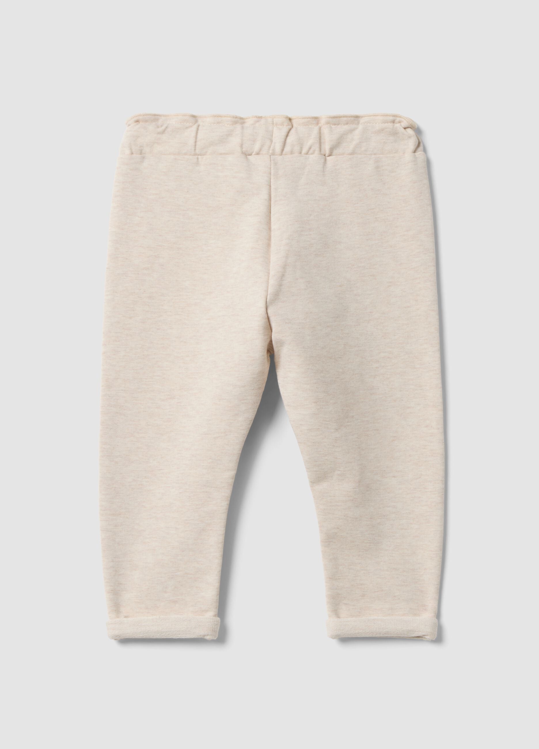 Beige stretch cotton joggers with turn-up cuff for baby girl