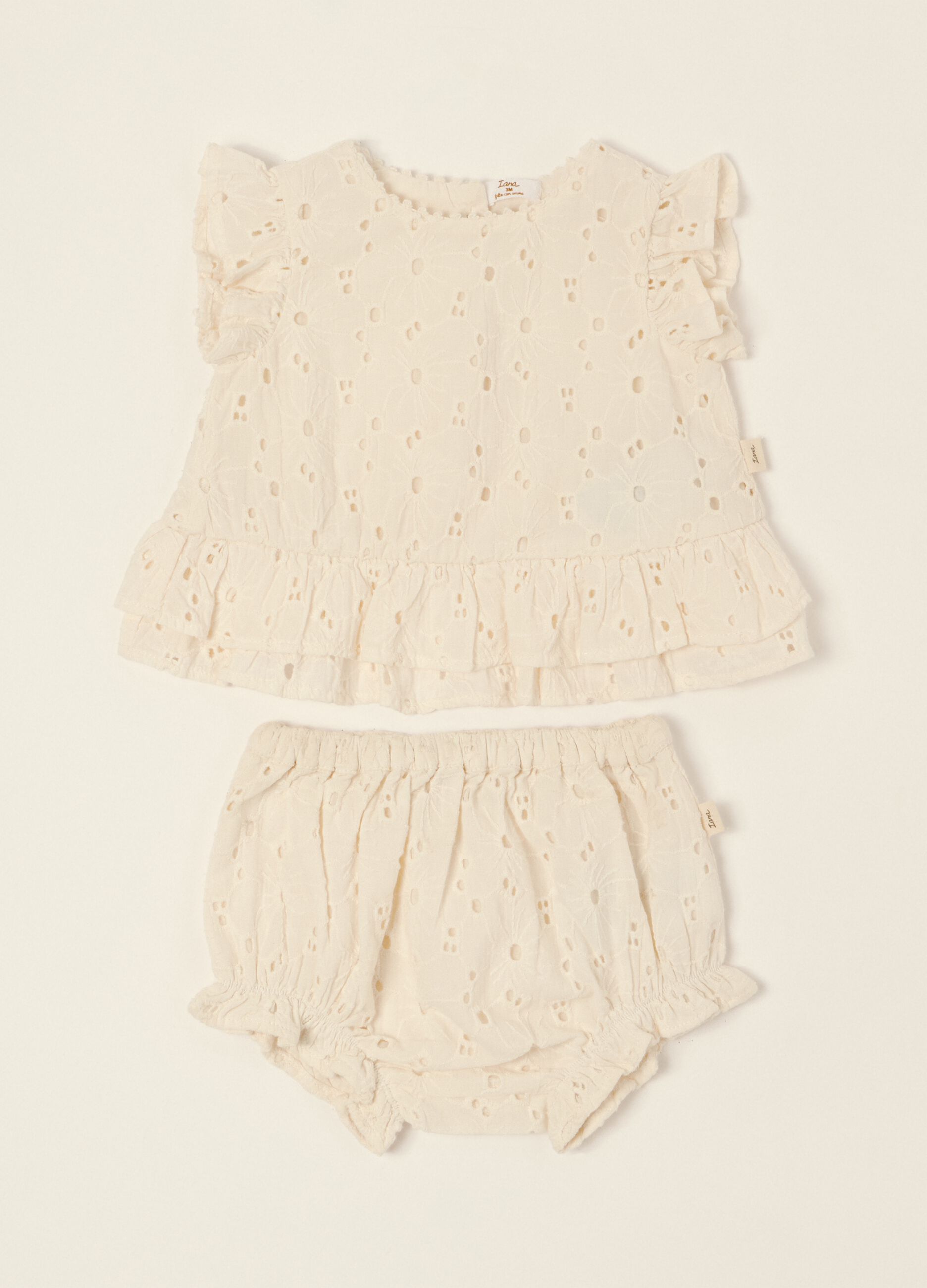 White broderie anglaise pure cotton baby girl set with ruffles