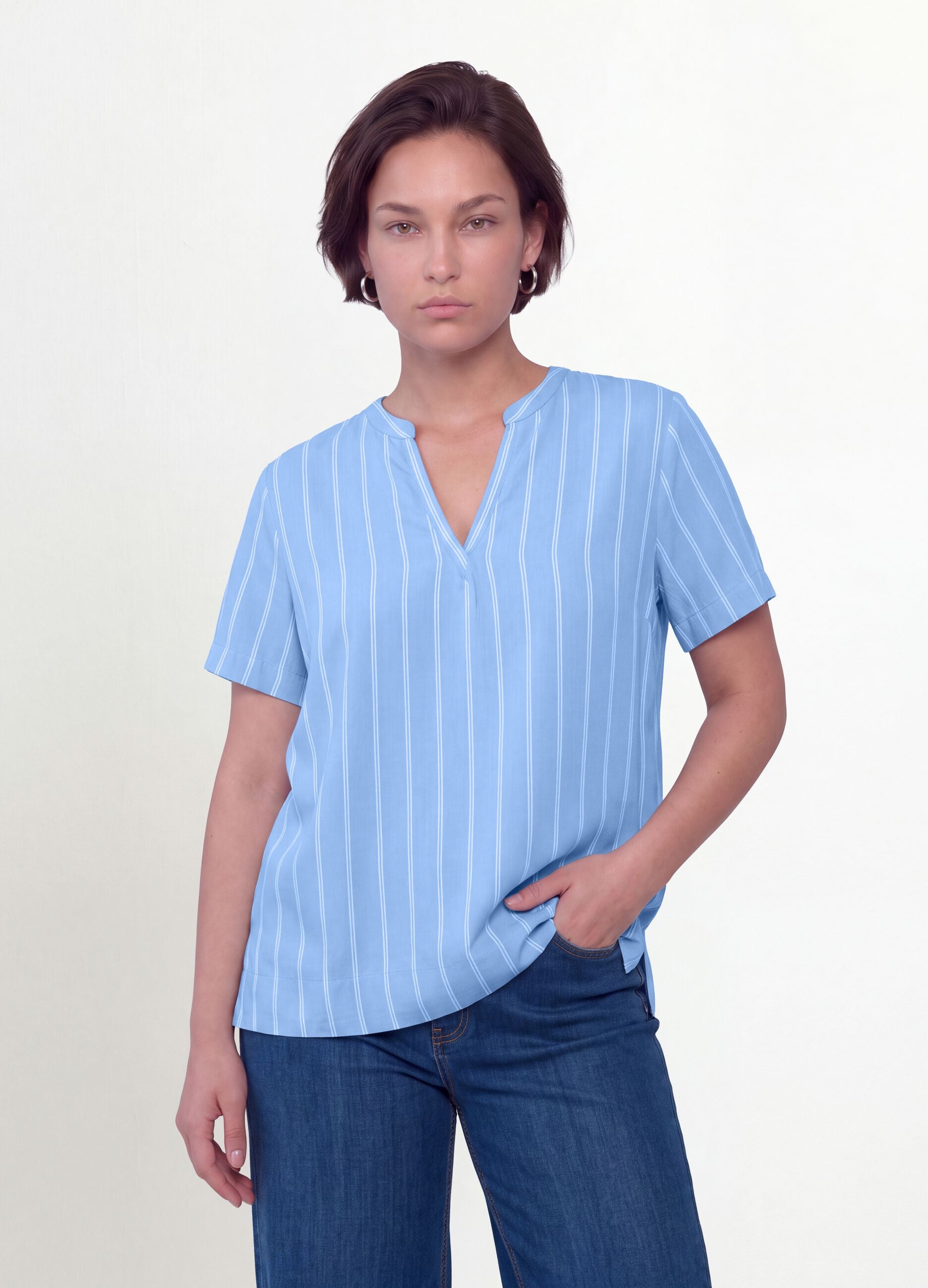 Blue striped pure viscose blouse with Mandarin collar, regular fit