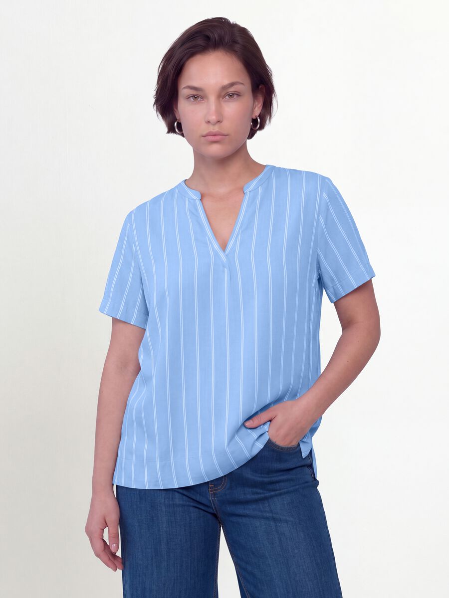 Blue striped pure viscose blouse with Mandarin collar, regular fit_0