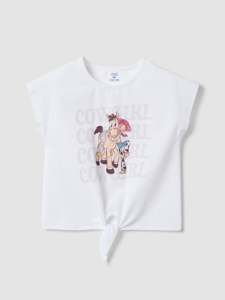 White stretch cotton T-shirt with knot and Toy Story print for girls_1