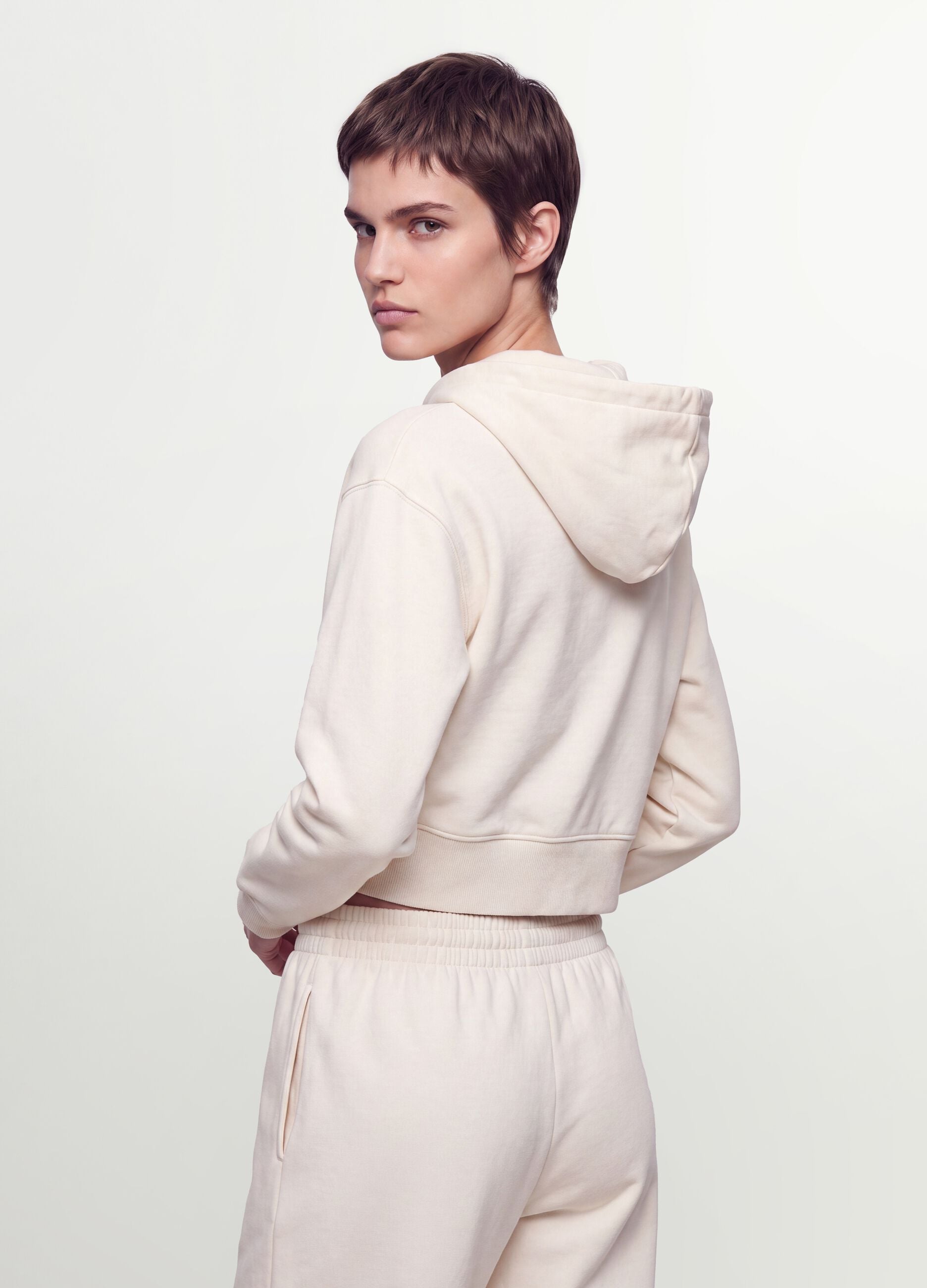White cotton-blend fitted zip-up hoodie