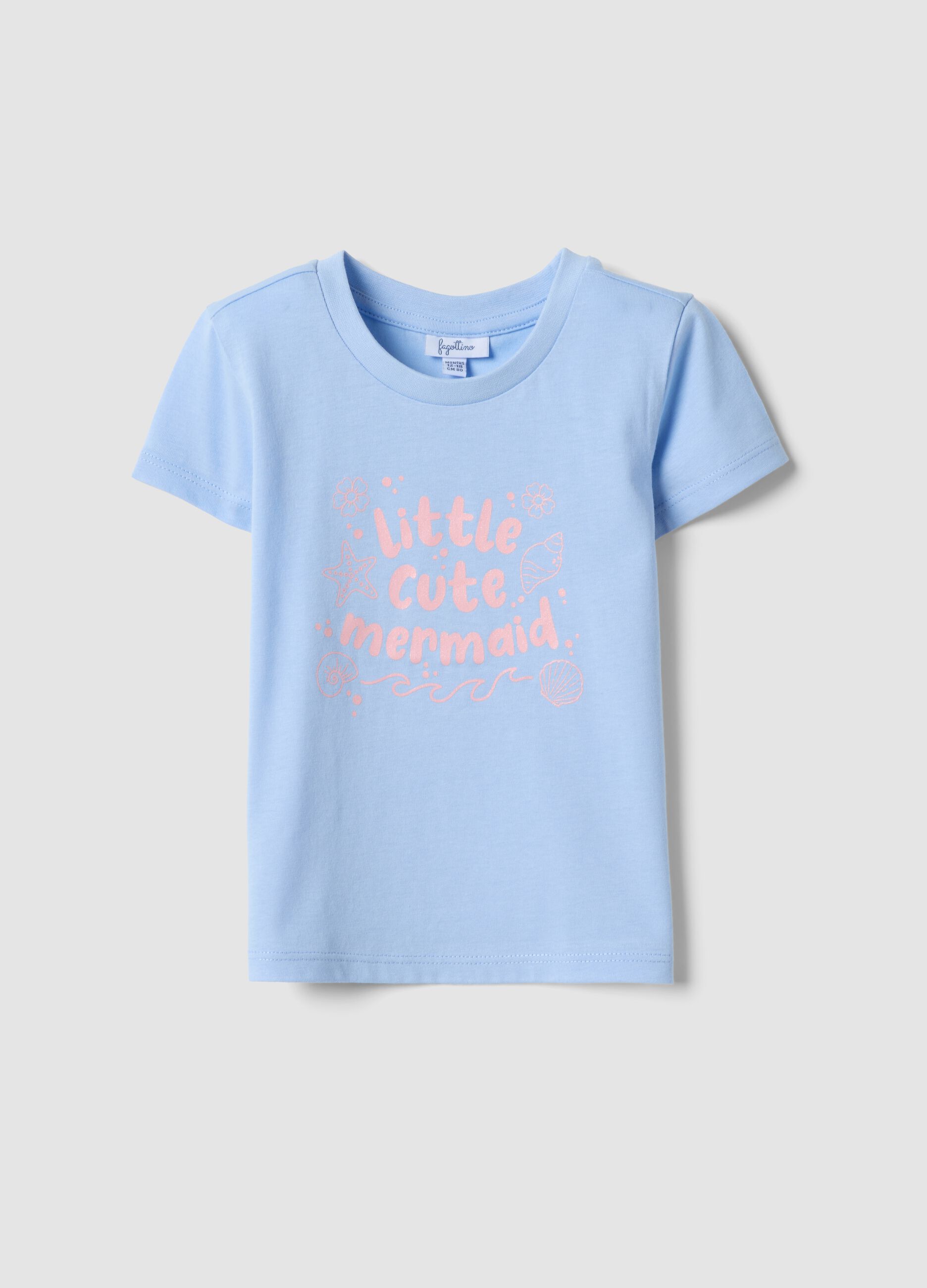 T-shirt azul-claro para menina em algod&atilde;o org&acirc;nico puro com estampado mar&iacute;timo