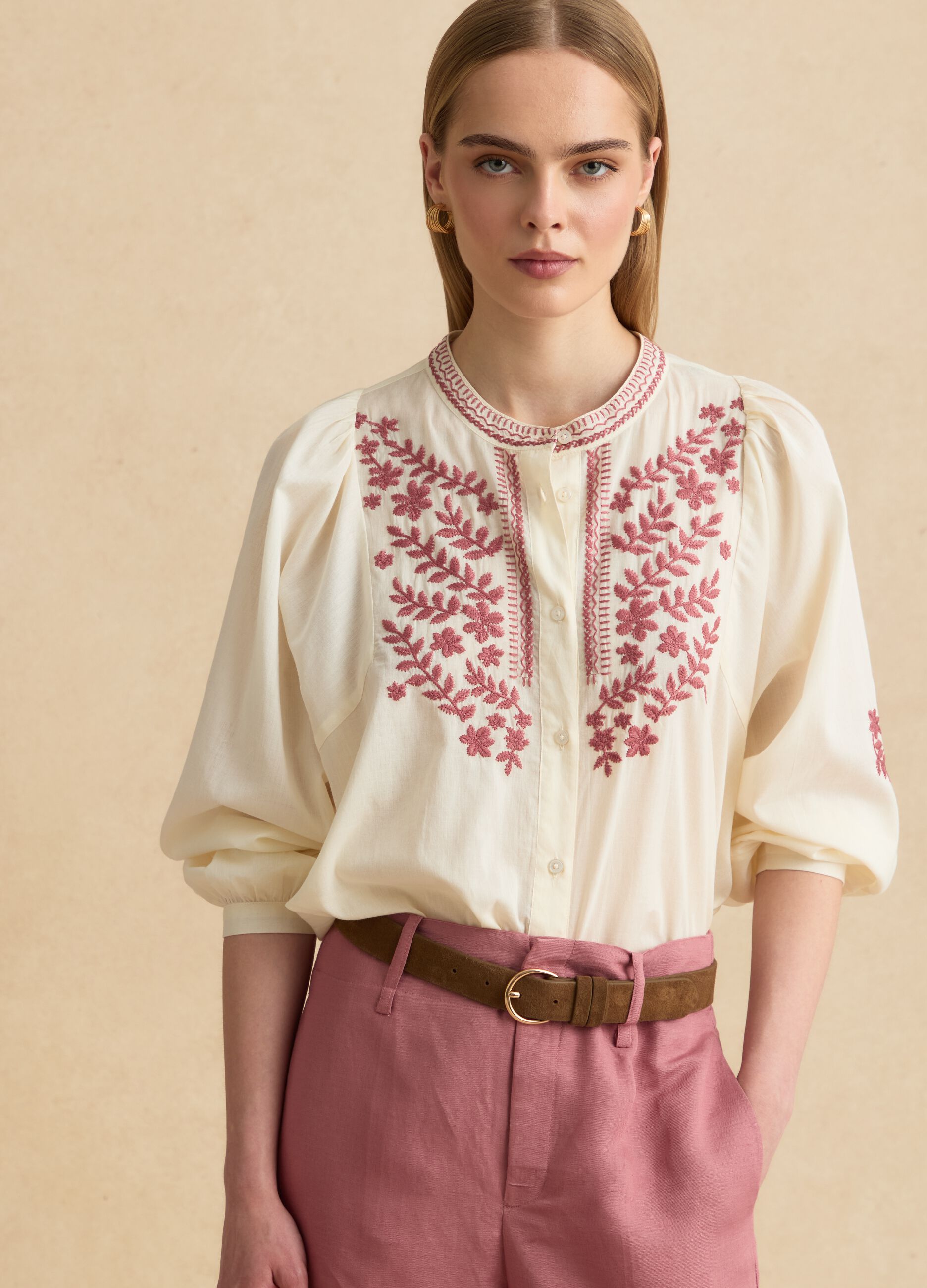 Beige pure cotton shirt with floral embroidery