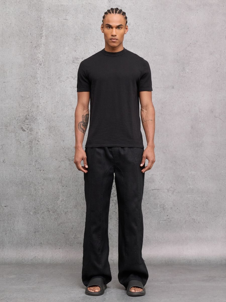 100% Linen Wide-Leg Trousers Black_0