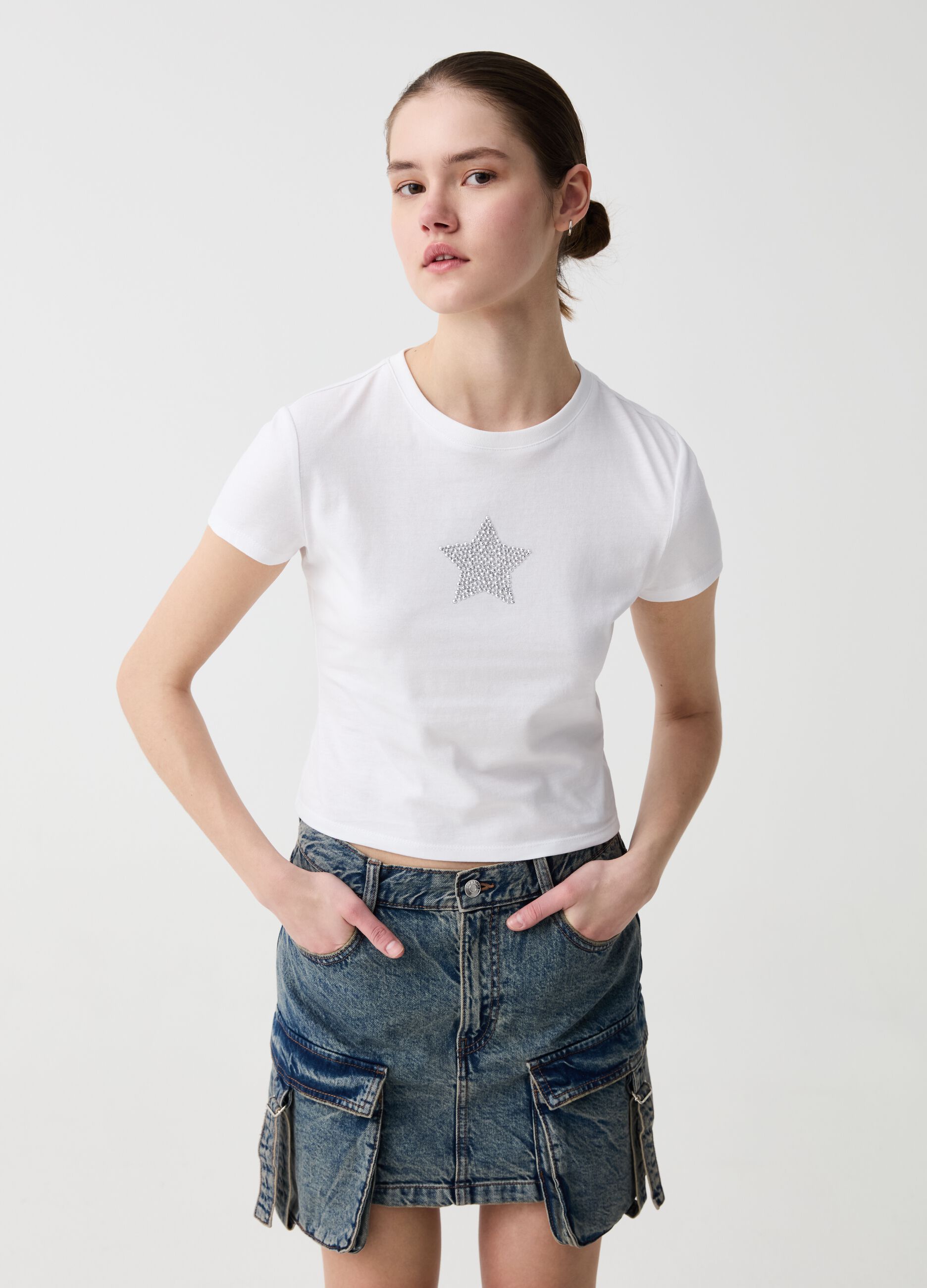 Cotton T-shirt with diamanté design