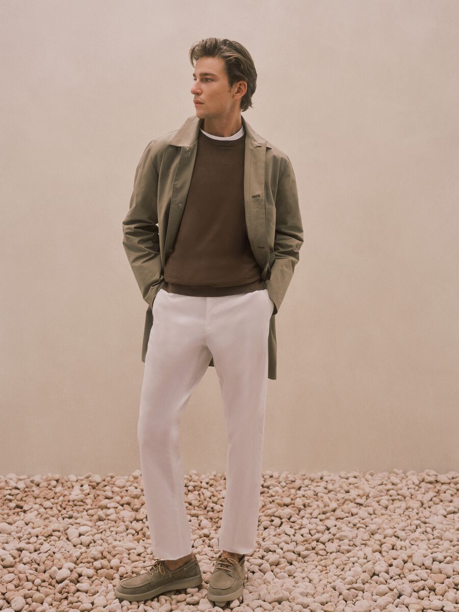 Beige regular fit trench coat with button closure_0