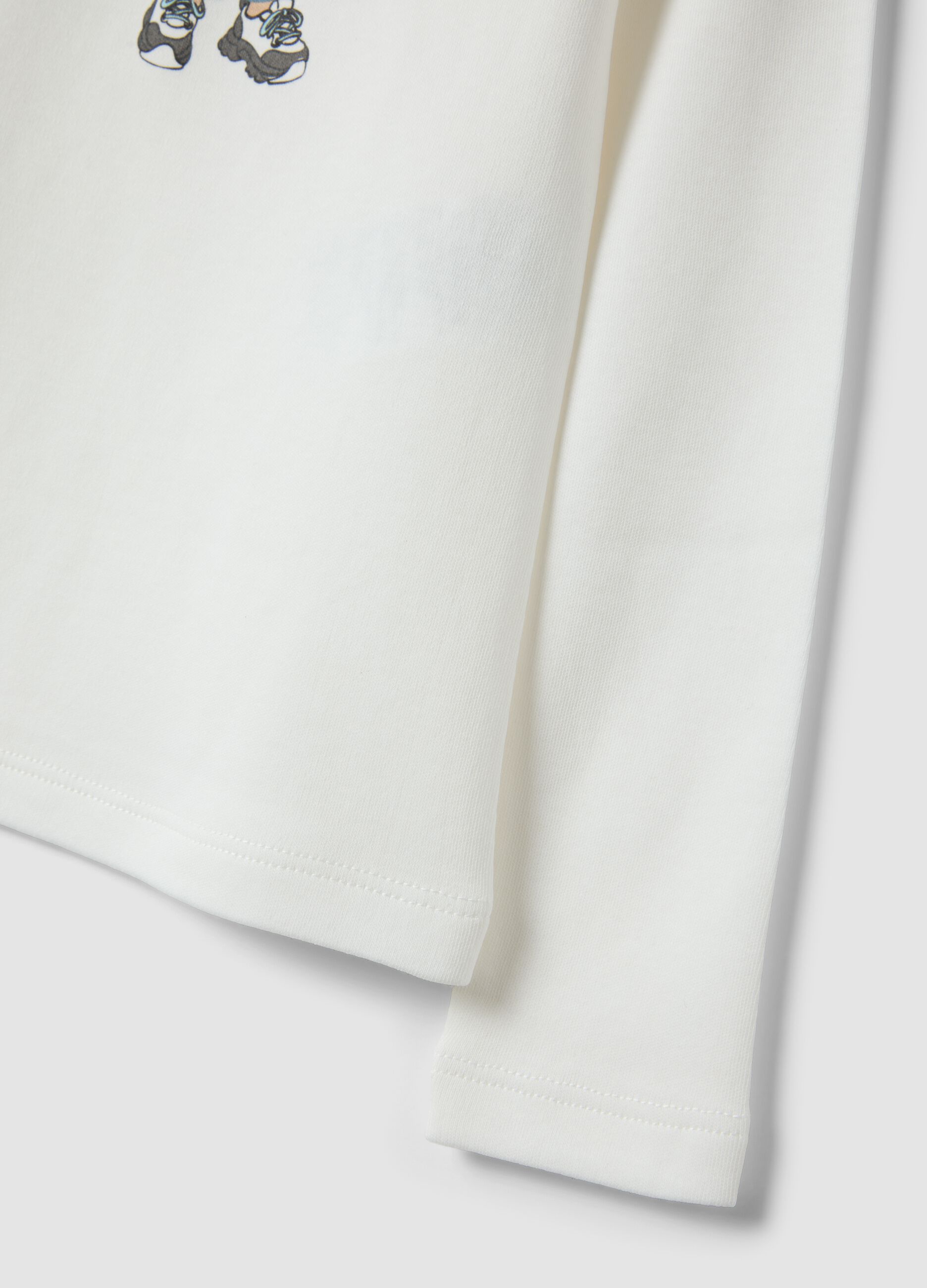 T-shirt bianca in puro cotone organico con collo rialzato e stampa orsetto