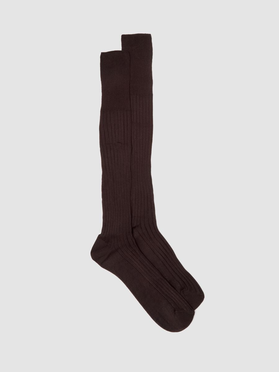 Brown ribbed long socks in pure cotton_0