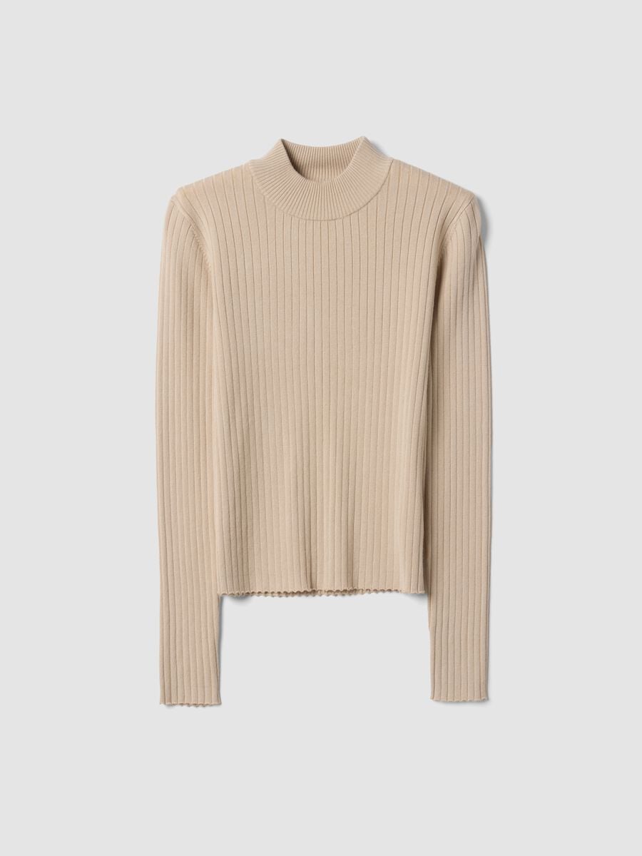 Beige ribbed viscose-blend top with high neck_4