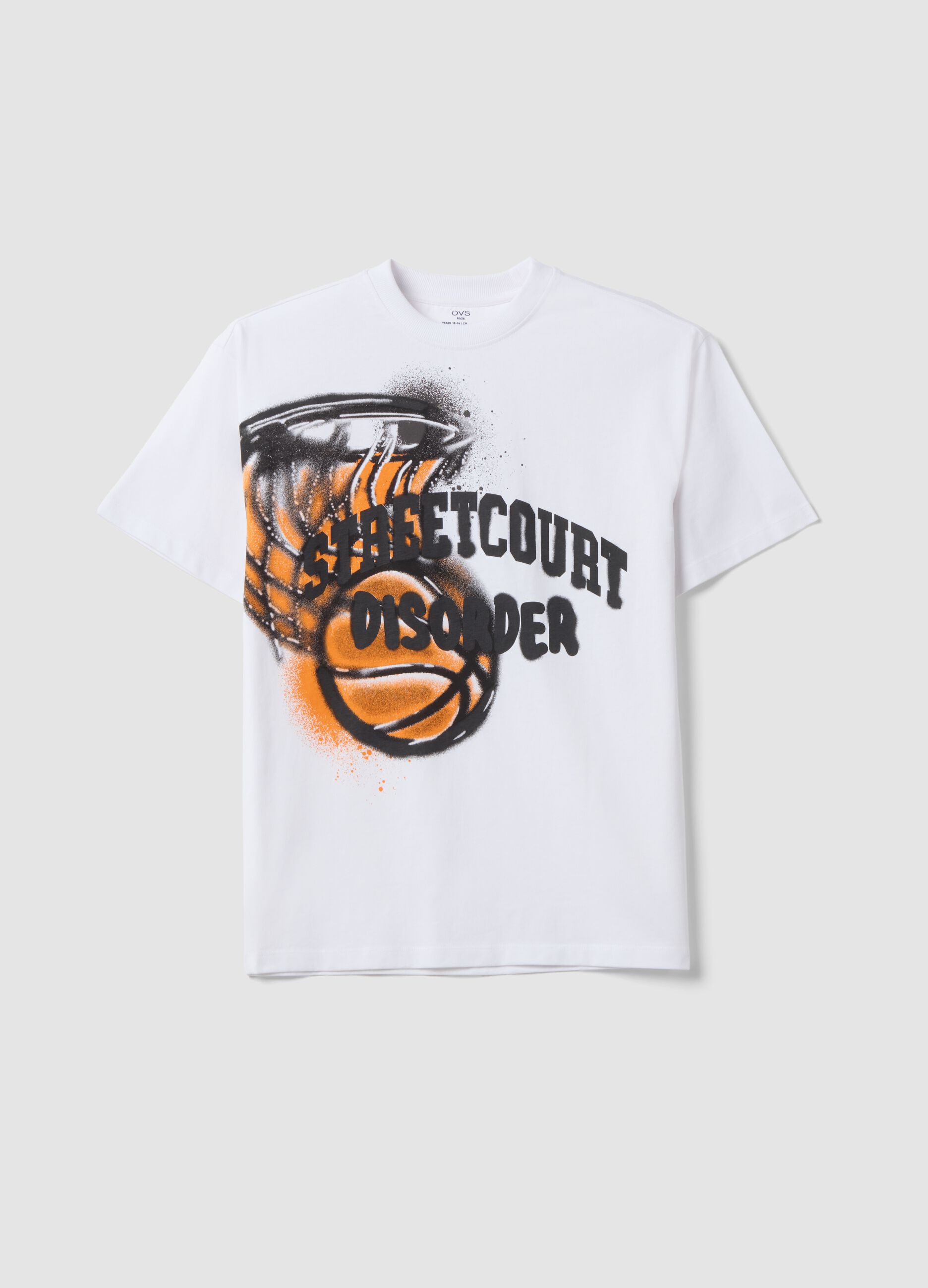 White pure cotton oversized T-shirt with basketball graphic print for boys
