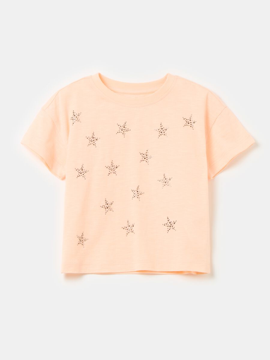 Cotton T-shirt with stars print and diamantés_0