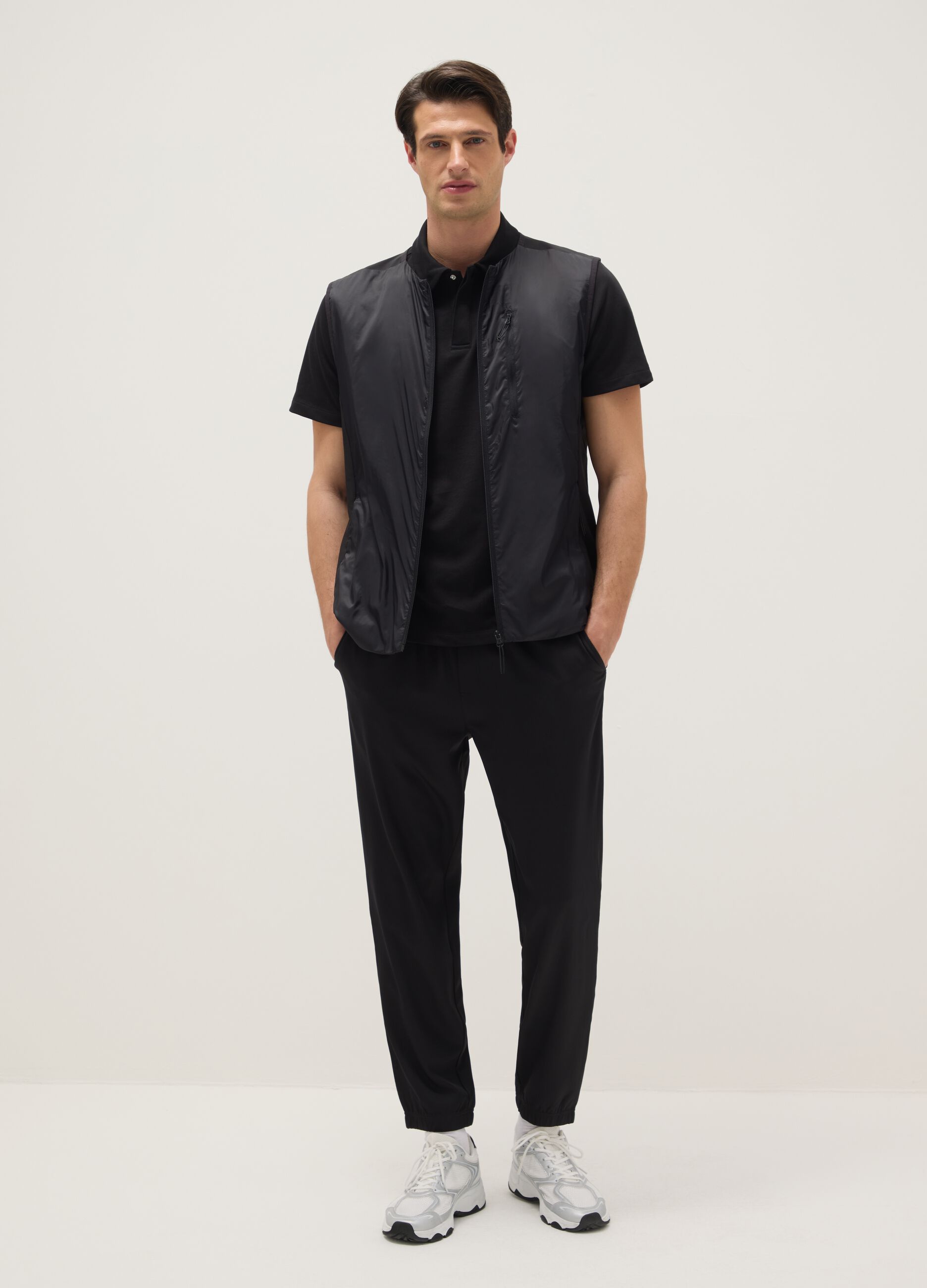 Black regular fit trousers with elasticated waist