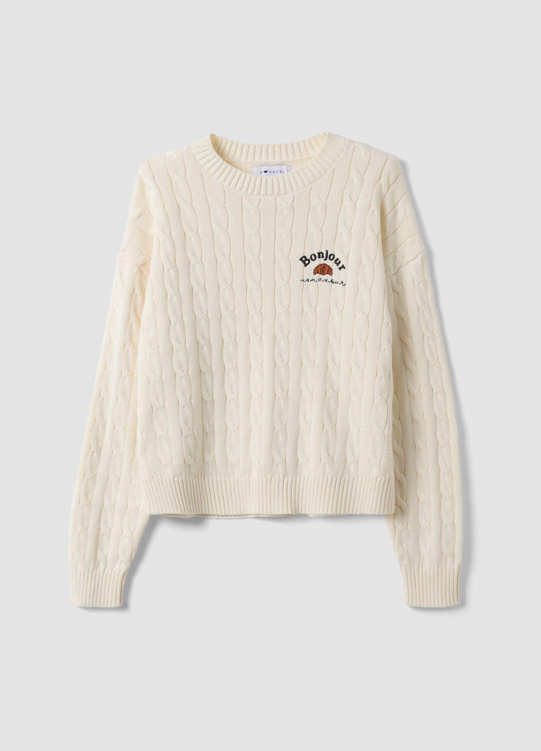 White pure-cotton cable-knit jumper with croissant embroidery