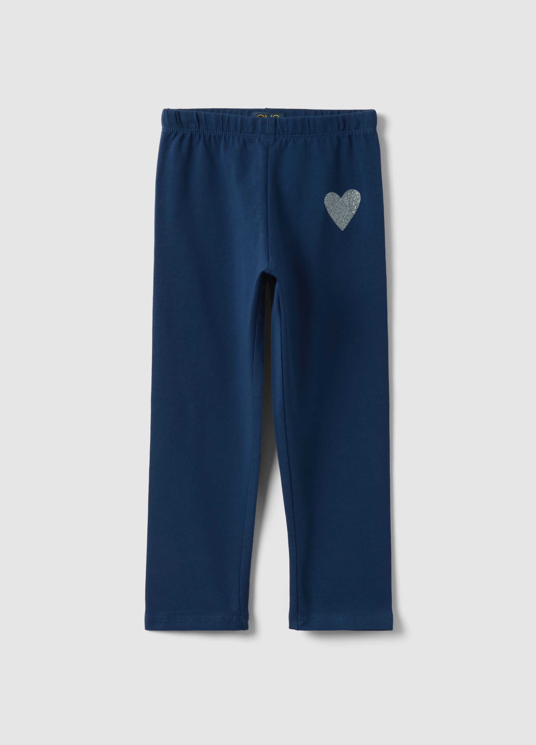 Girls' Slim Fit Blue Stretch Cotton Leggings with Heart