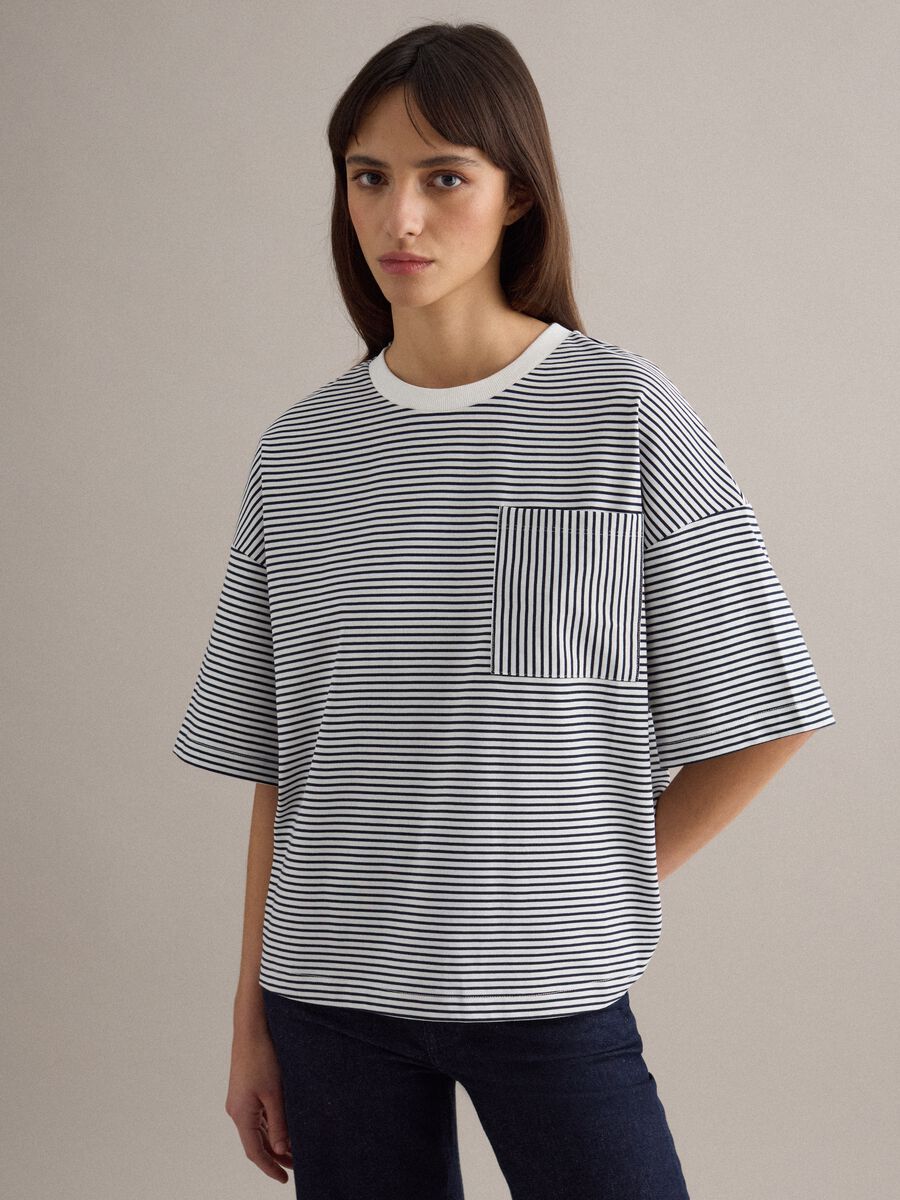 Multi-colour striped cotton blend regular fit t-shirt with pocket_1