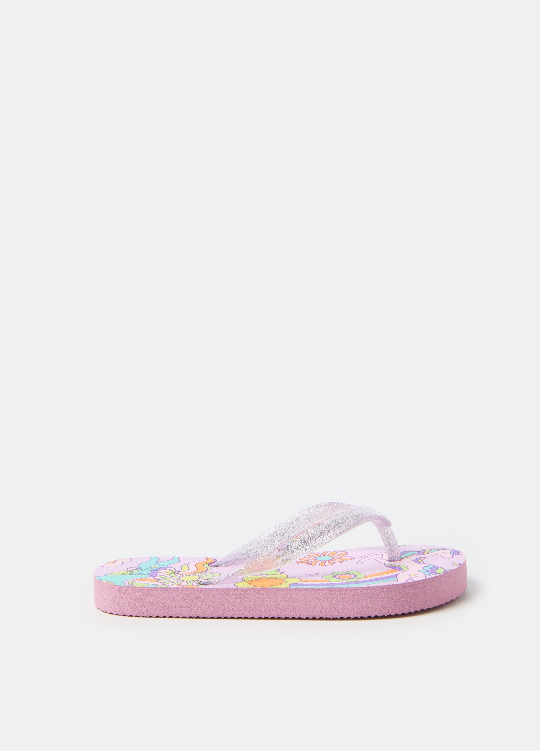 Thong sandals with glitter and print