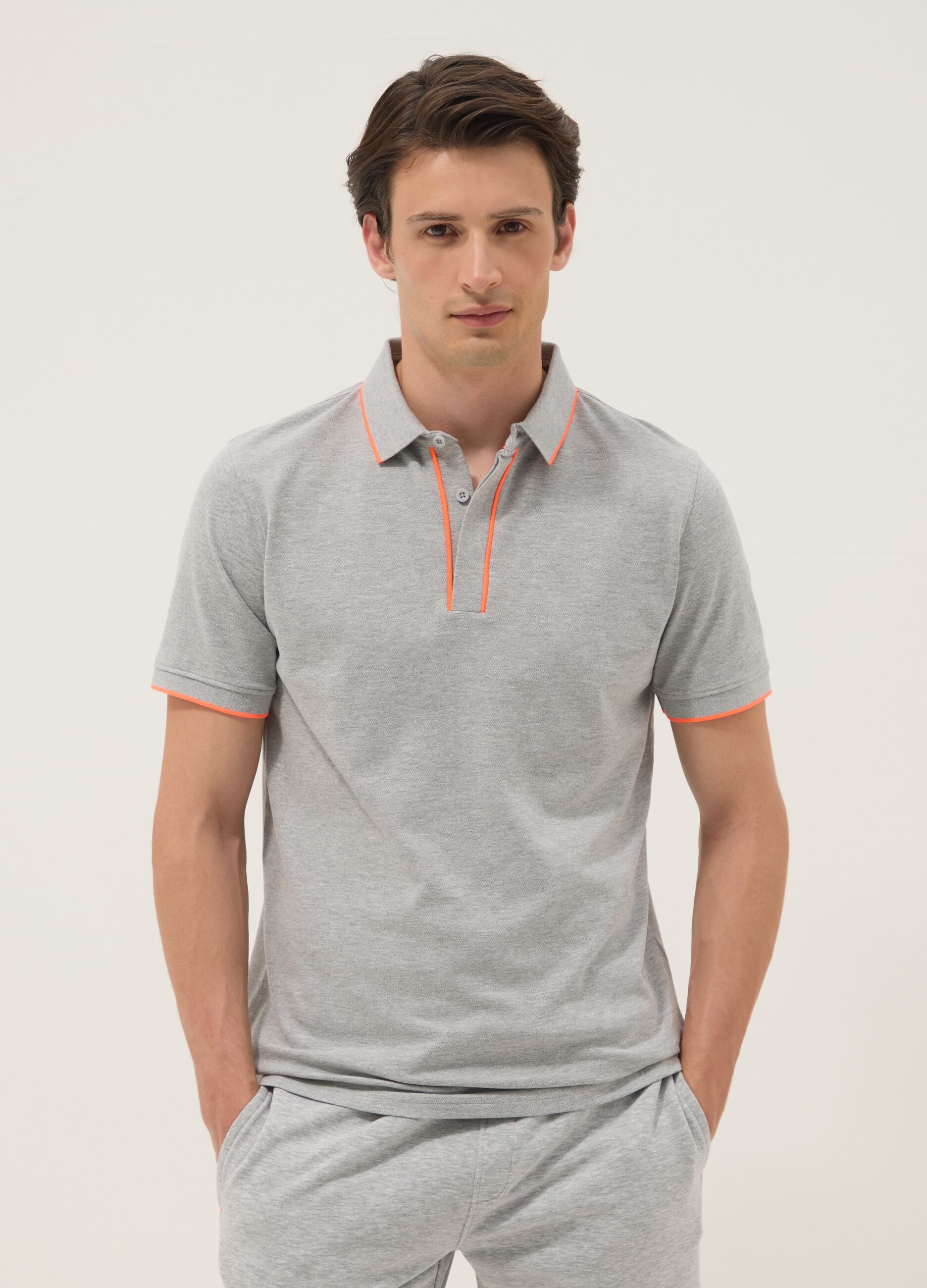 Grey stretch cotton polo with contrast piping