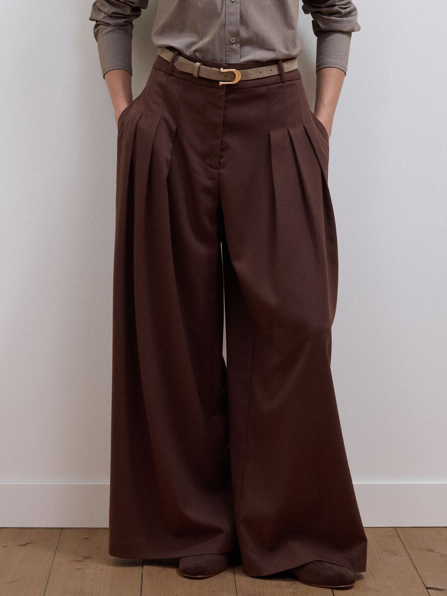 Brown wide-leg formal trousers in stretch viscose with belt_1