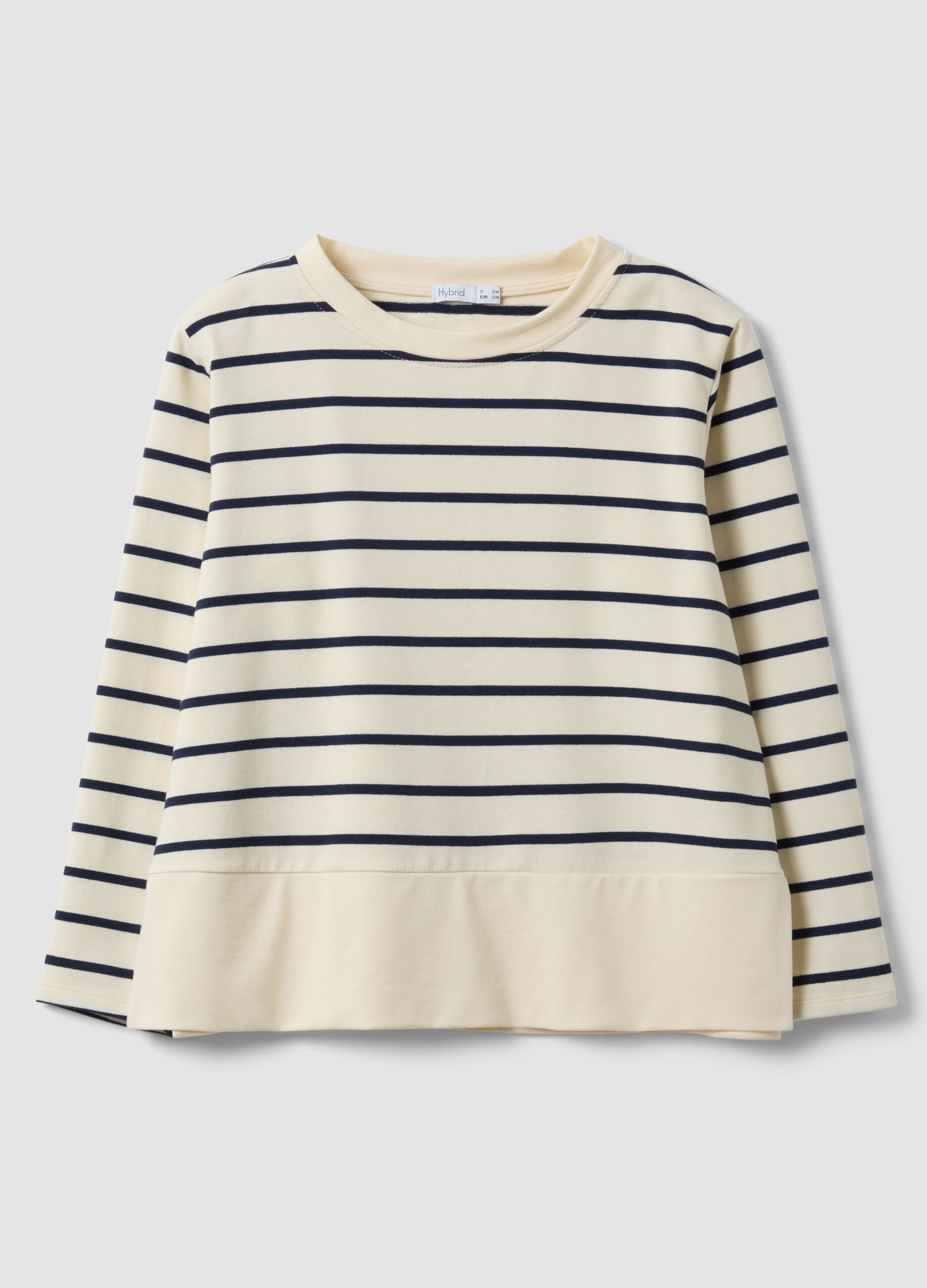 White cotton-stretch top with blue stripes, regular fit